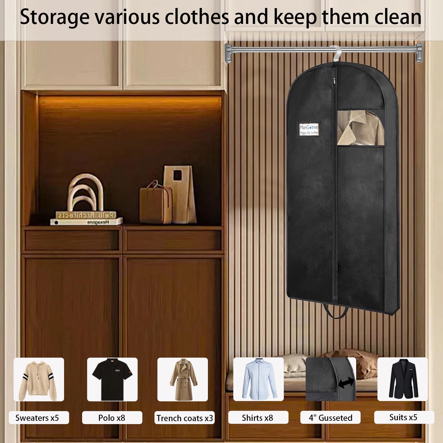 Mangotree 43'' Garment Bags, Suit Bags For Closet Storage And Travel, Portable Garment Covers With Handle, Nonwoven Breathable C