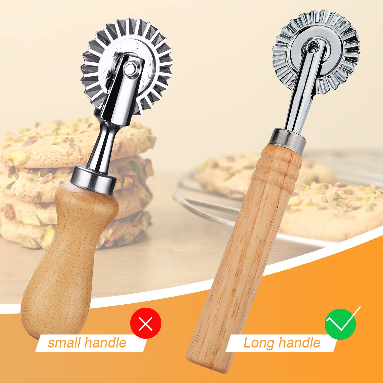 2Pcs Ravioli Cutter Wheel, Pasta Cutter Wheel With Long Wooden Handle Ravioli Crimper Cutter Wheel Zinc Alloy Pasta Cutter Wheel