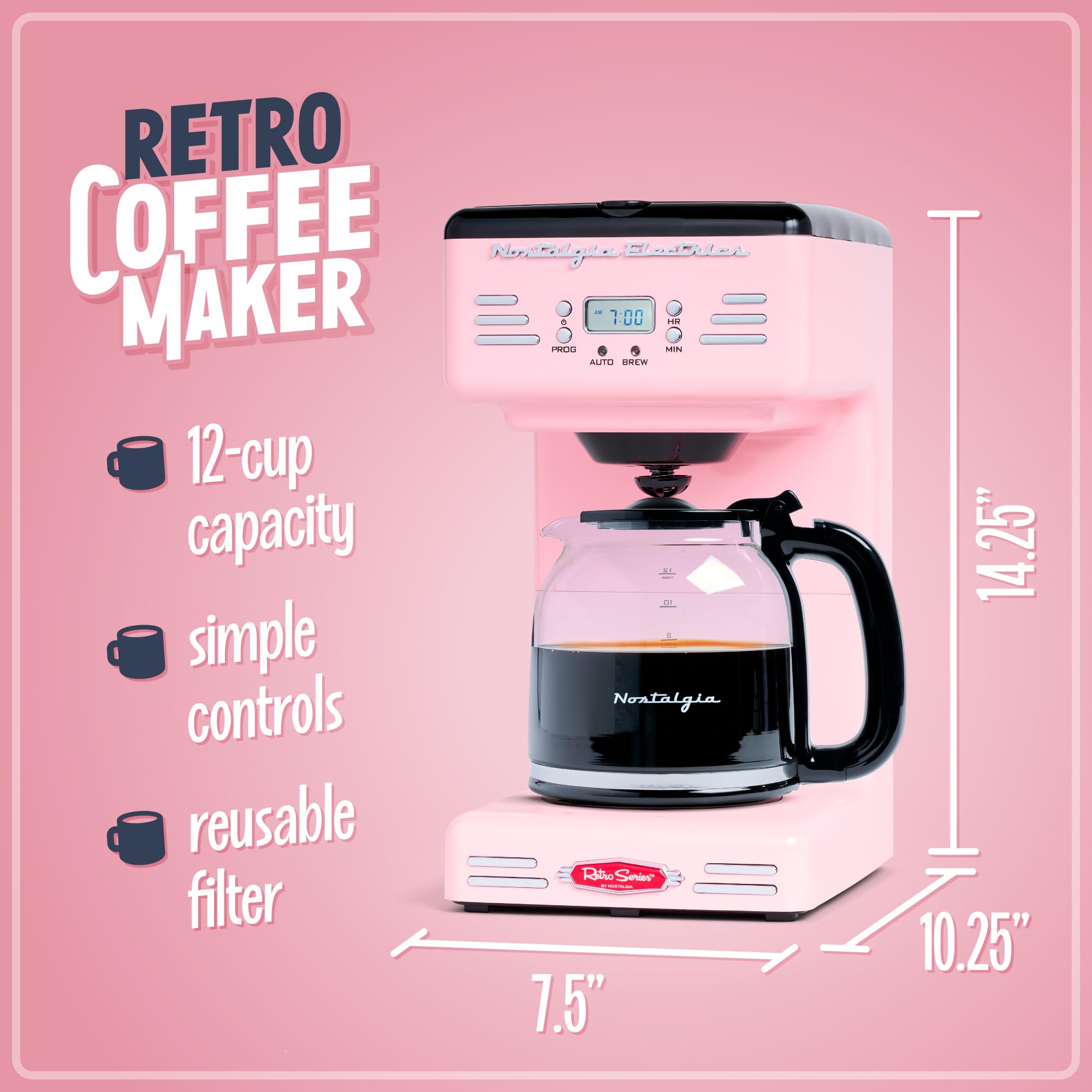 Nostalgia Retro 12-Cup Programmable Coffee Maker With Led Display, Automatic Shut-Off & Keep Warm, Pause-And-Serve Function, Pin