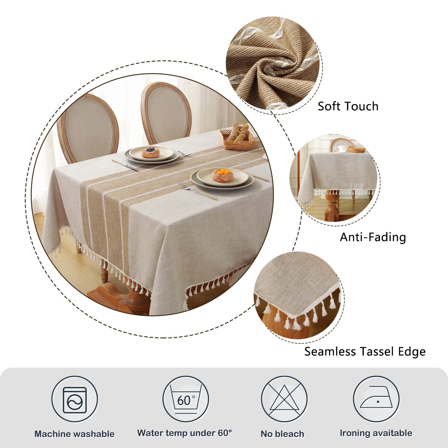 Laolitou Rustic Tablecloth Cotton Linen Waterproof Tablecloths Burlap Table Cloths For Kitchen Dining,Party,Holiday,Christmas,Bu