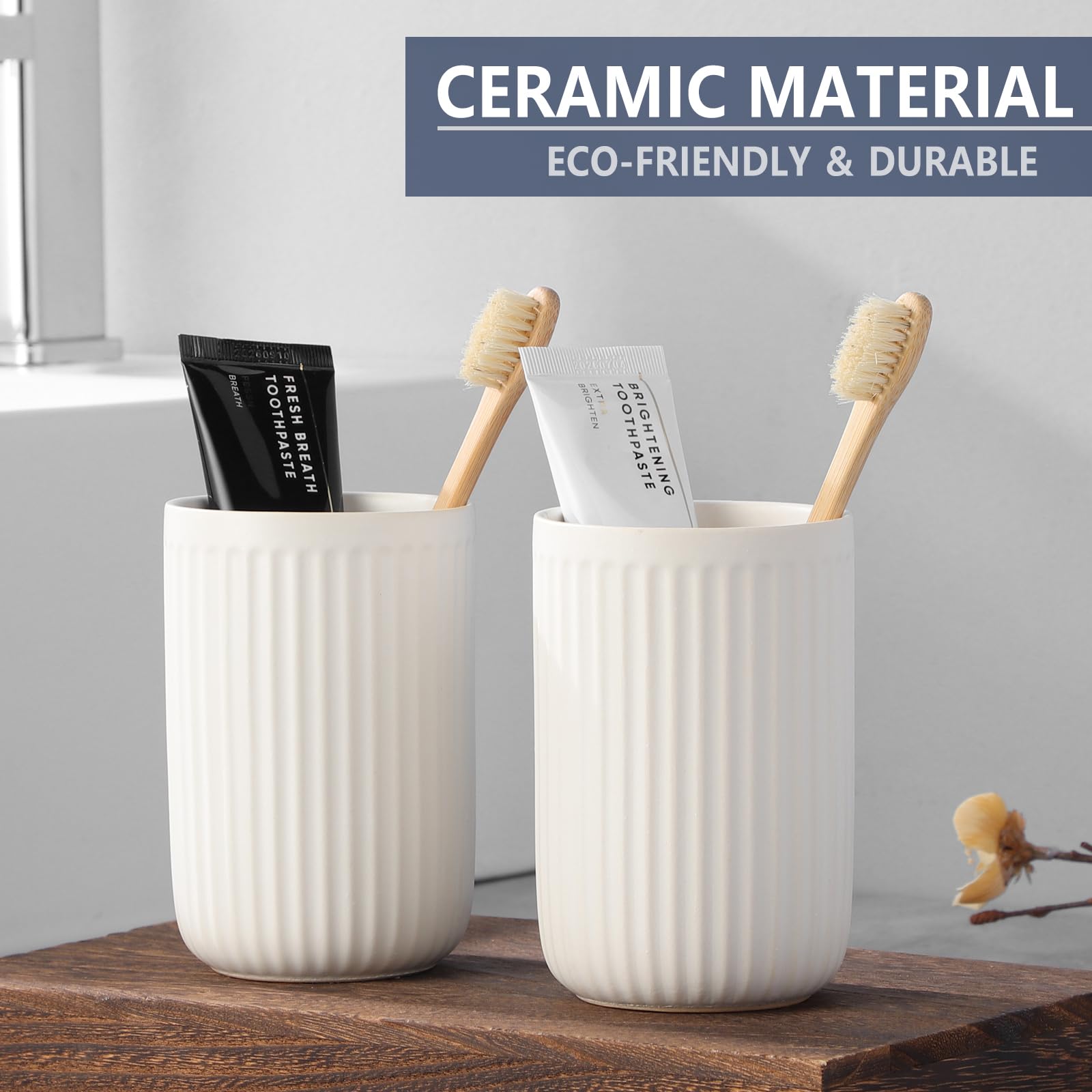 White Toothbrush Holders For Bathrooms - 2 Cups Ceramic Toothbrush Toothpaste Holders Set, White Bathroom Tumbler Cups Reusable