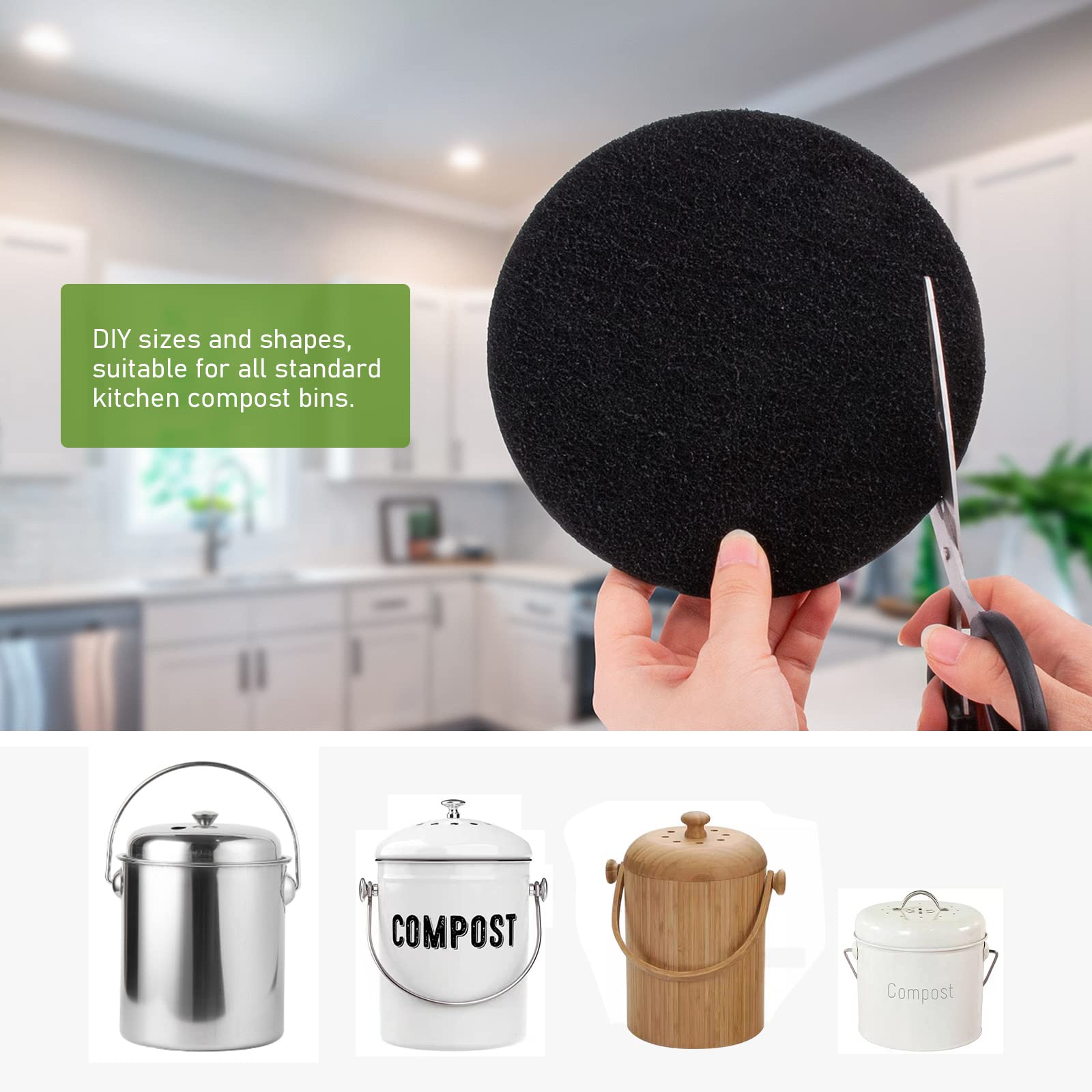 Charcoal Filters For Kitchen Compost Bin, 6 Pack Filters For Compost Pails Countertop Bin Replacement, Activated Charcoal Home B