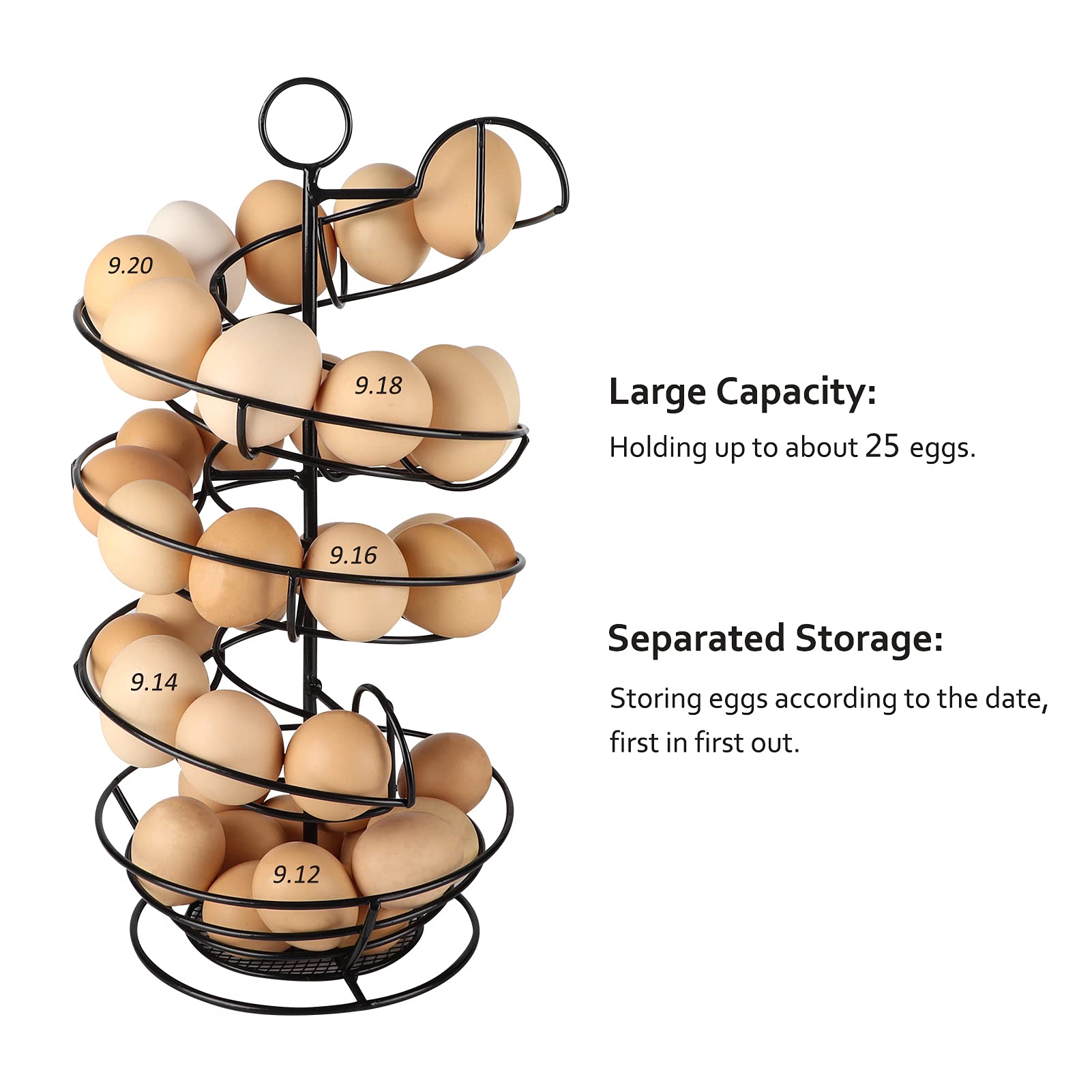 Qutrey Black Metal Egg Skelter With Storage Basket, Spiral Design Egg Holder For Large Egg For Countertop, Kitchen