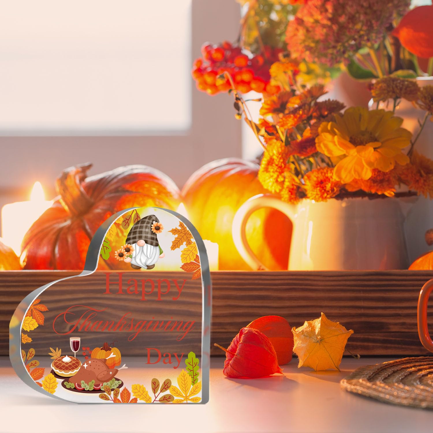 Happy Thanksgiving Gifts for Women Men, Pumpkin Gnomes Decorations Sign for Home Office, Autumn Acrylic Heart Shaped Plaque, Fal