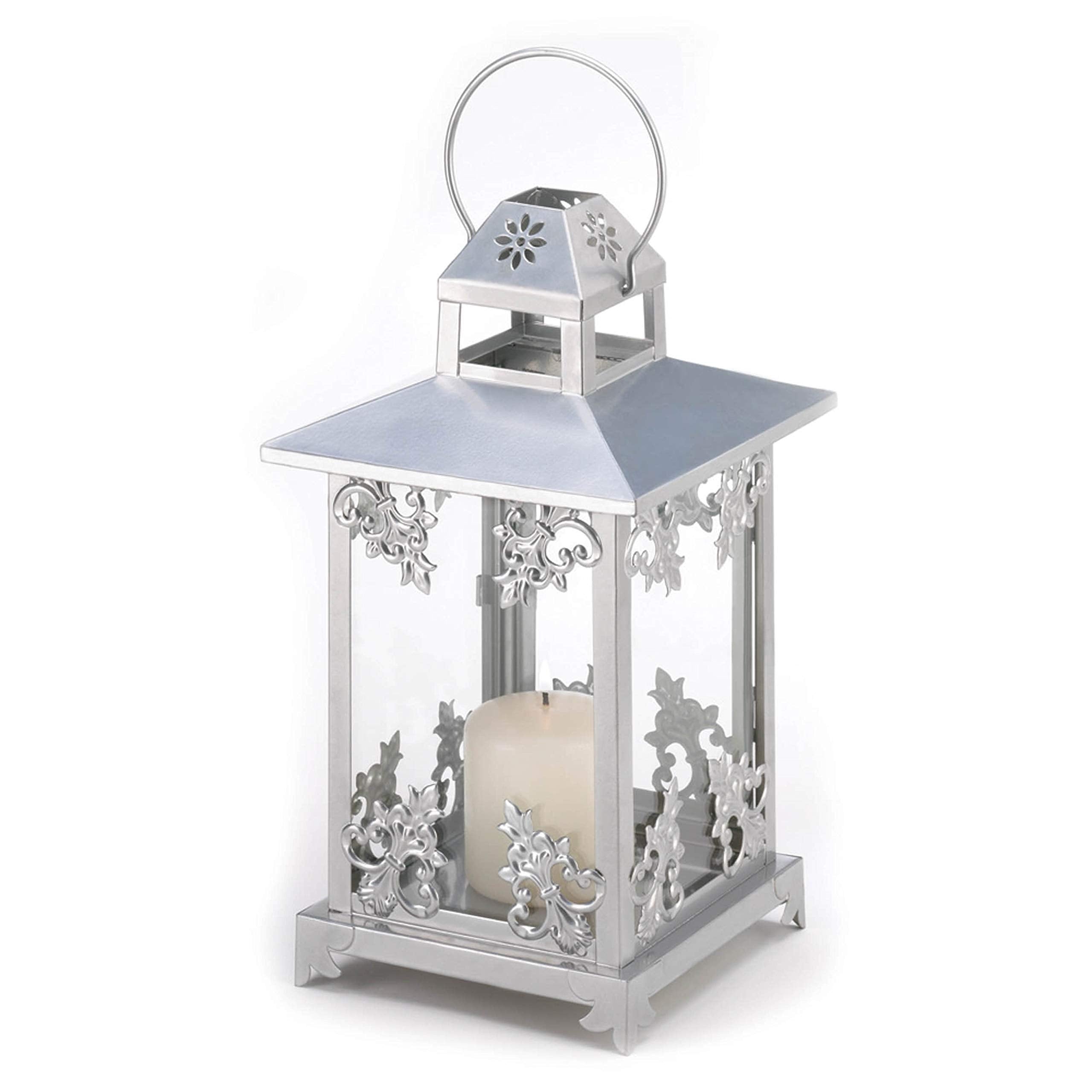 Accent Plus Zingz & Thingz Hanging Scrollwork Candle Lantern, Decorative Light Home Decor, 13 Tall, Silver