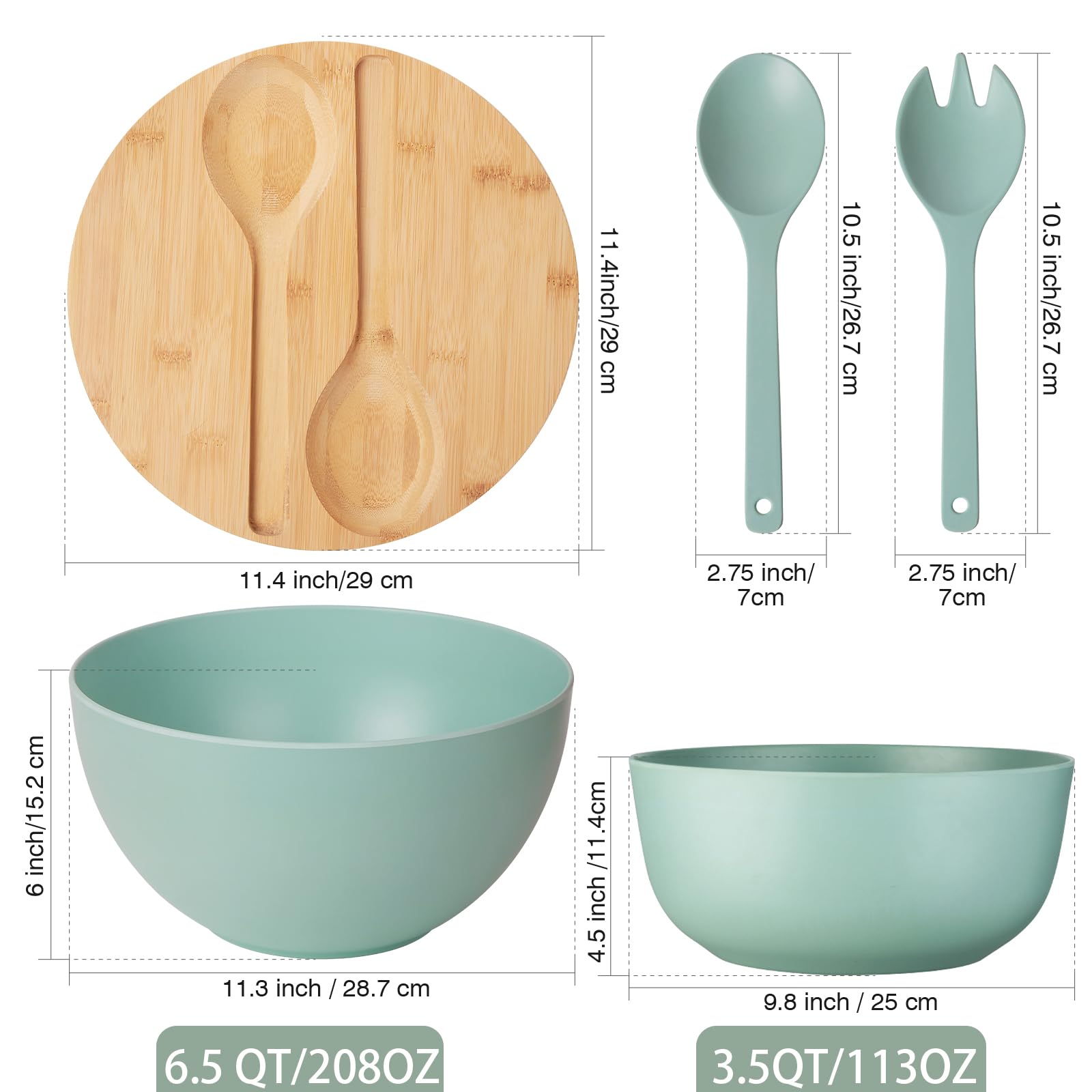 11.3'' Extra Large Salad Bowl With Wooden Lid & Servers, 208Oz, Oversized Bamboo Fiber Salad Serving Set With Utensils For Home/