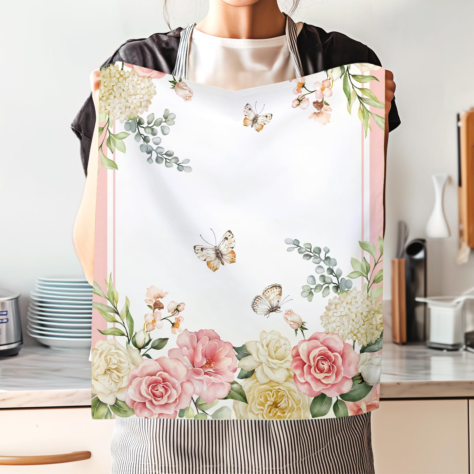Arquiel 4Pcs Watercolor Flower Kitchen Tea Towels 100% Cotton Pink Floral Butterfly Hand Towels Multiple Uses Quick Dry Dish Clo