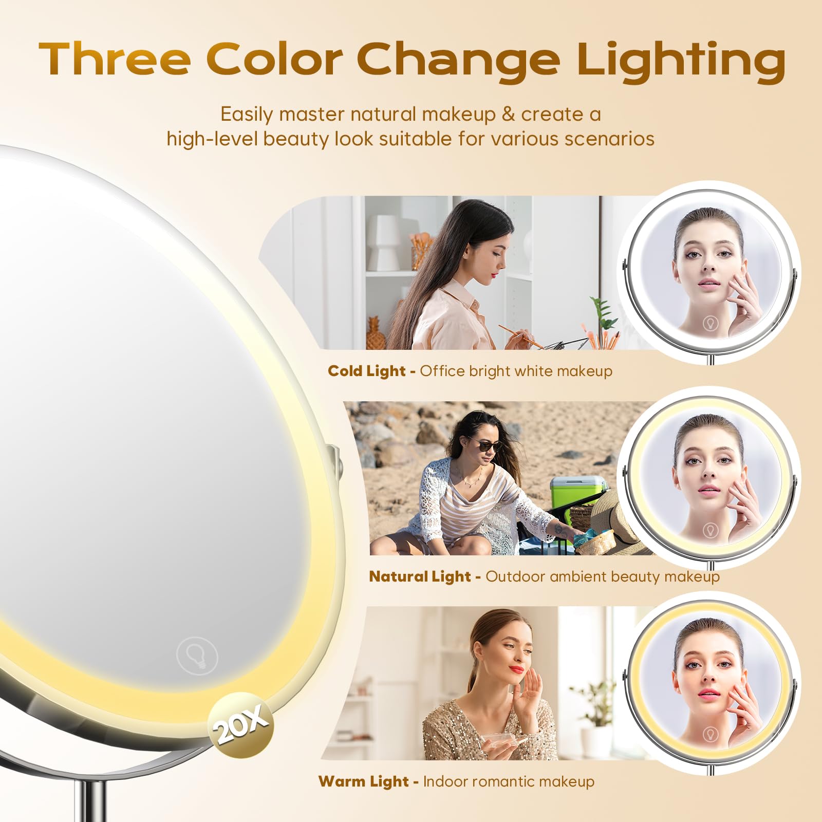 9 Makeup Mirror With Lights, 20X Vanity Mirror With Lights,3 Color Height Adjustable Lighted Makeup Mirror With Magnification, 5