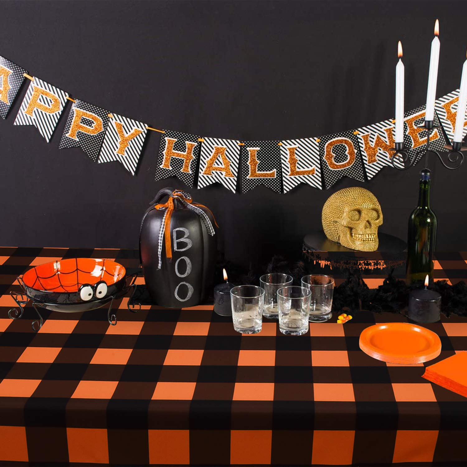 Aspmiz Halloween Tablecloth, Plaid Checkered Table Cloth, Orange And Black Tablecloths, Machine Washable Tablecloth Rectangle Fo