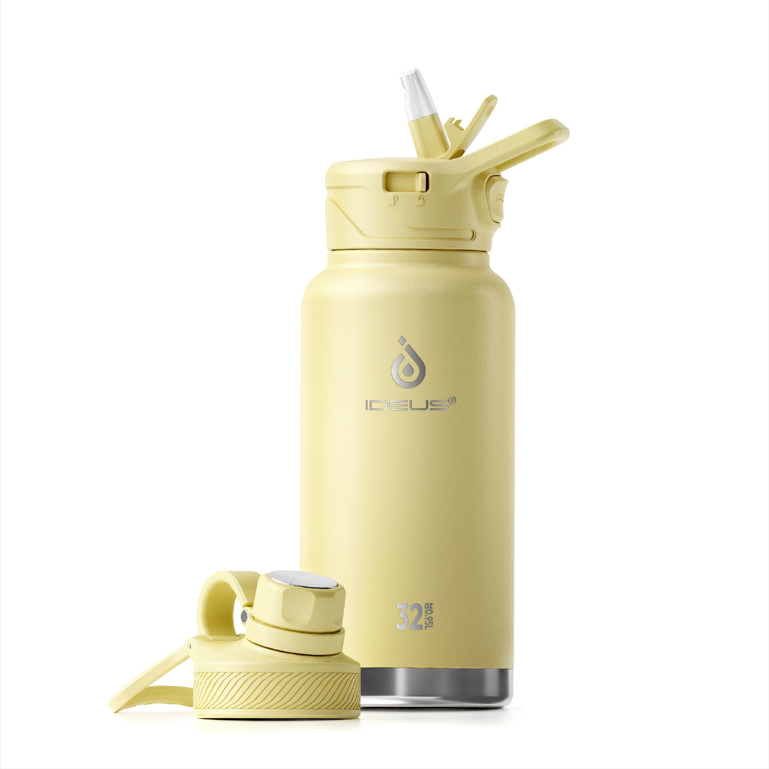 IDEUS Insulated Stainless Steel Water Bottle with 2 LeakProof Lids, Thermal Water Flask for Hiking Biking, 32oz, Light Yellow