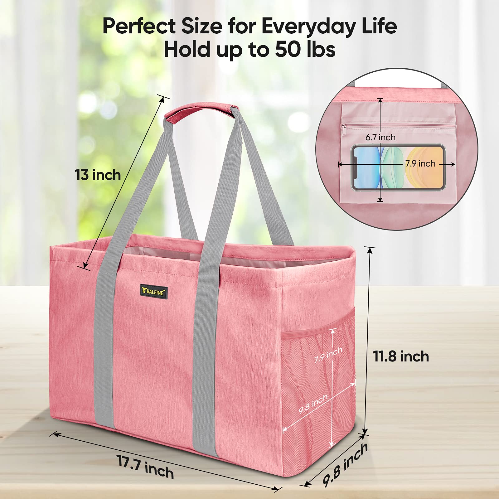 Baleine Soft 9 Gallon Extra Large Utility Tote, Foldable Reusable Storage Bag (Peach Pink)