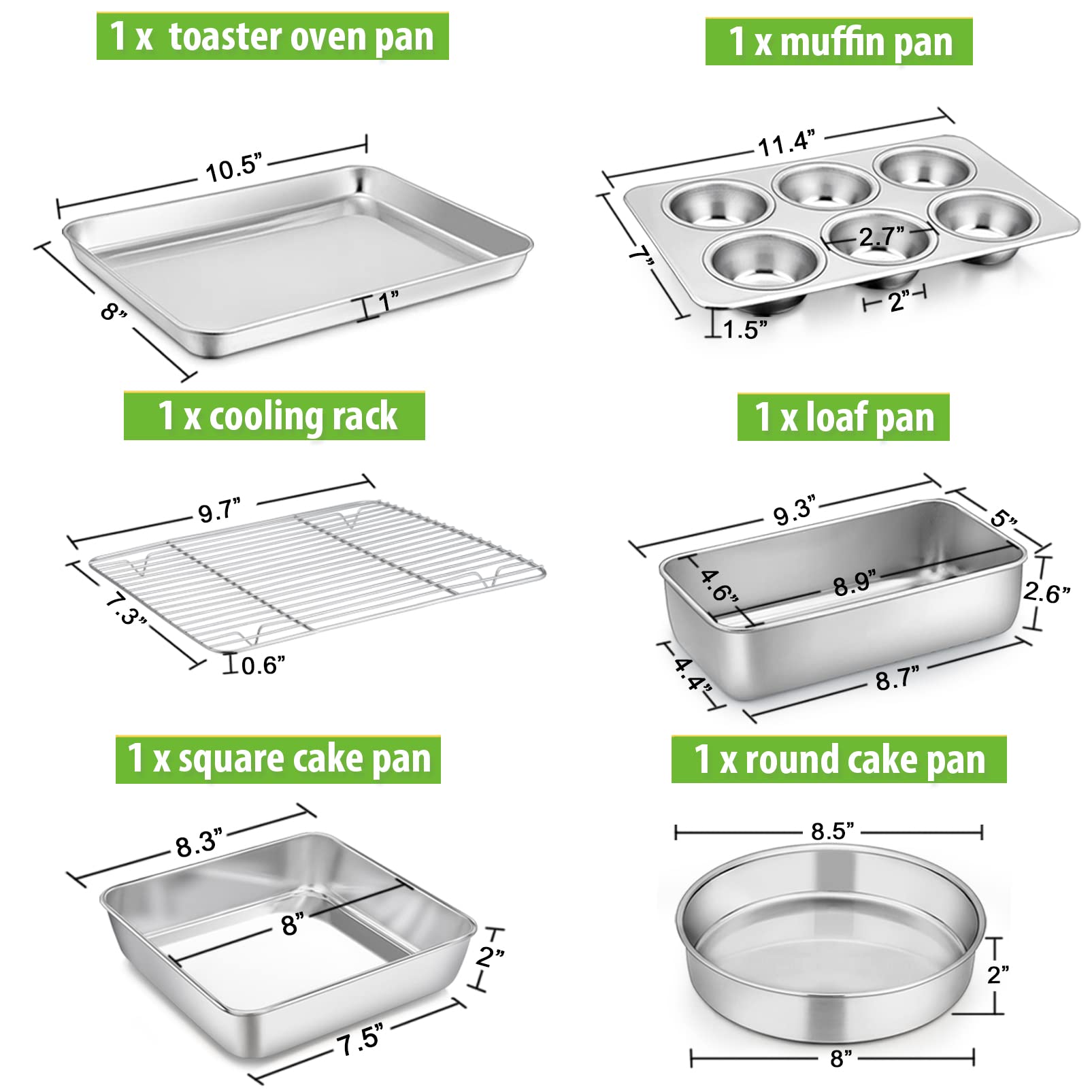 P&P Chef 6-Piece Small Toaster Oven Pan Set, Stainless Steel Bakeware Set, Toaster Oven Tray With Rack, Square/Round Cake Pan, L