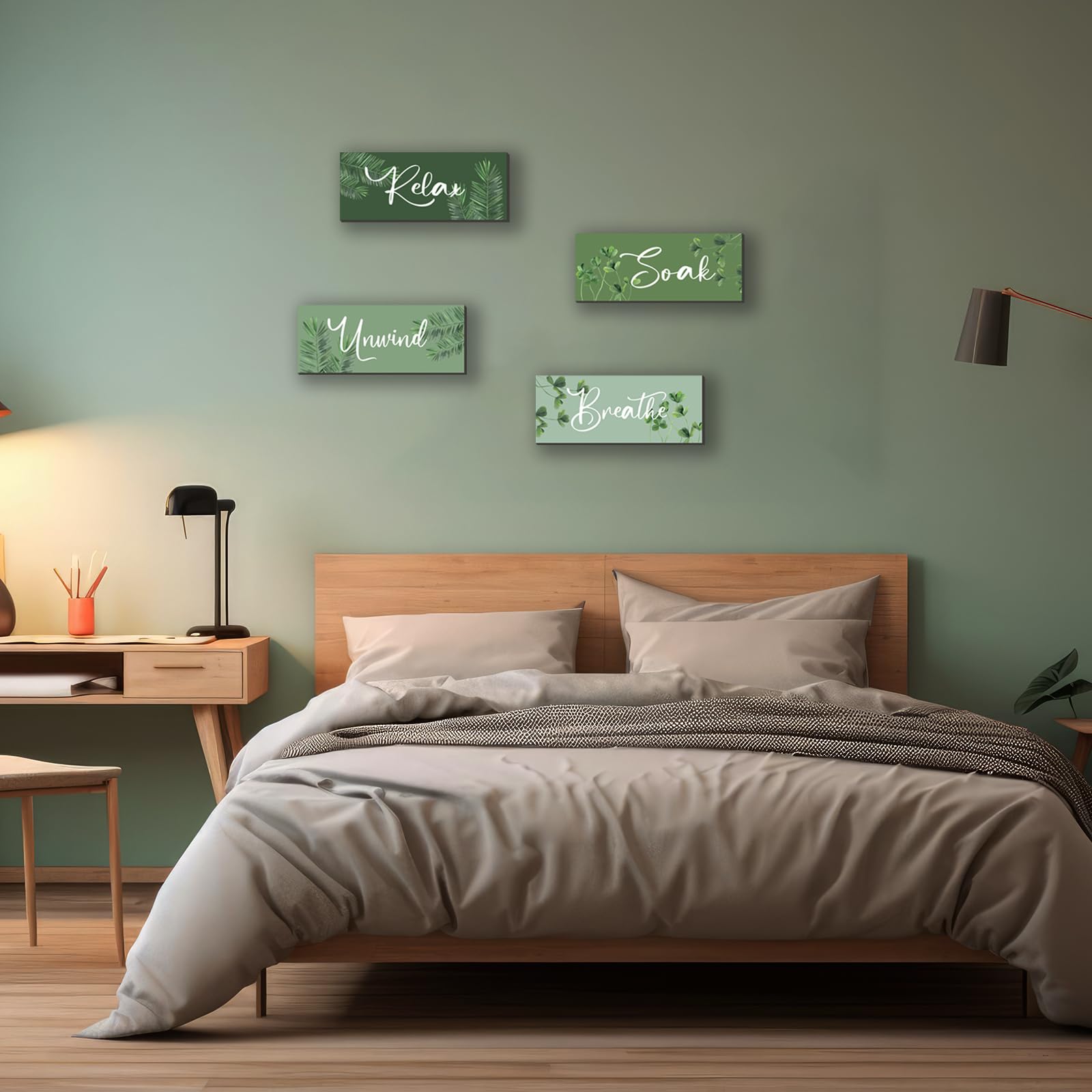 ONIZHITY 4 Pcs Sage Green Bathroom Wall Decors Relax Soak Unwind Breathe Wooden Word Sign Rustic Sage Bathroom Accessories For B