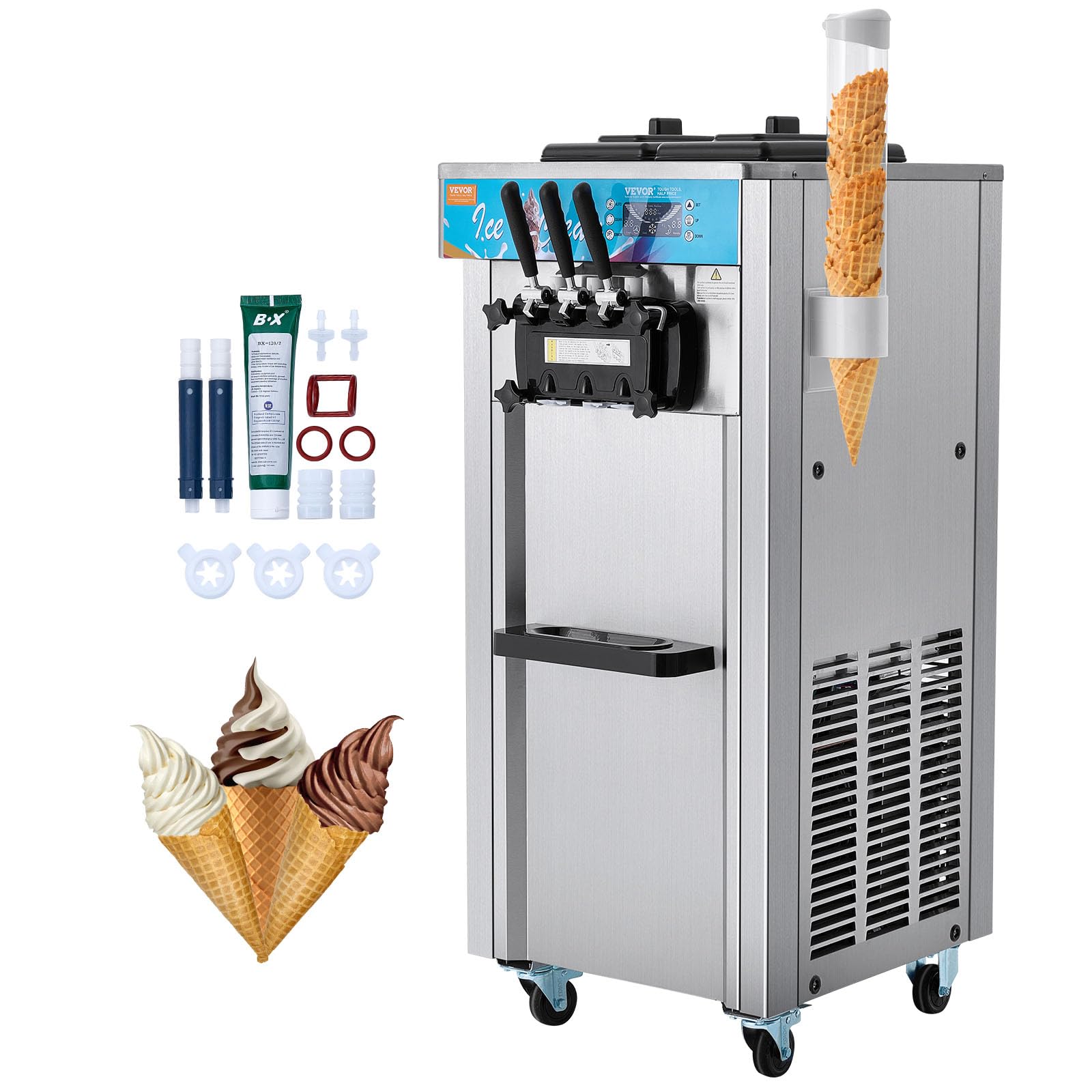 VEVOR Commercial Ice Cream Machine, 21-31 L/H Yield, 1800W 3-Flavor Freestanding Soft Serve Ice Cream Maker, 2 x 5.5L Stainless 