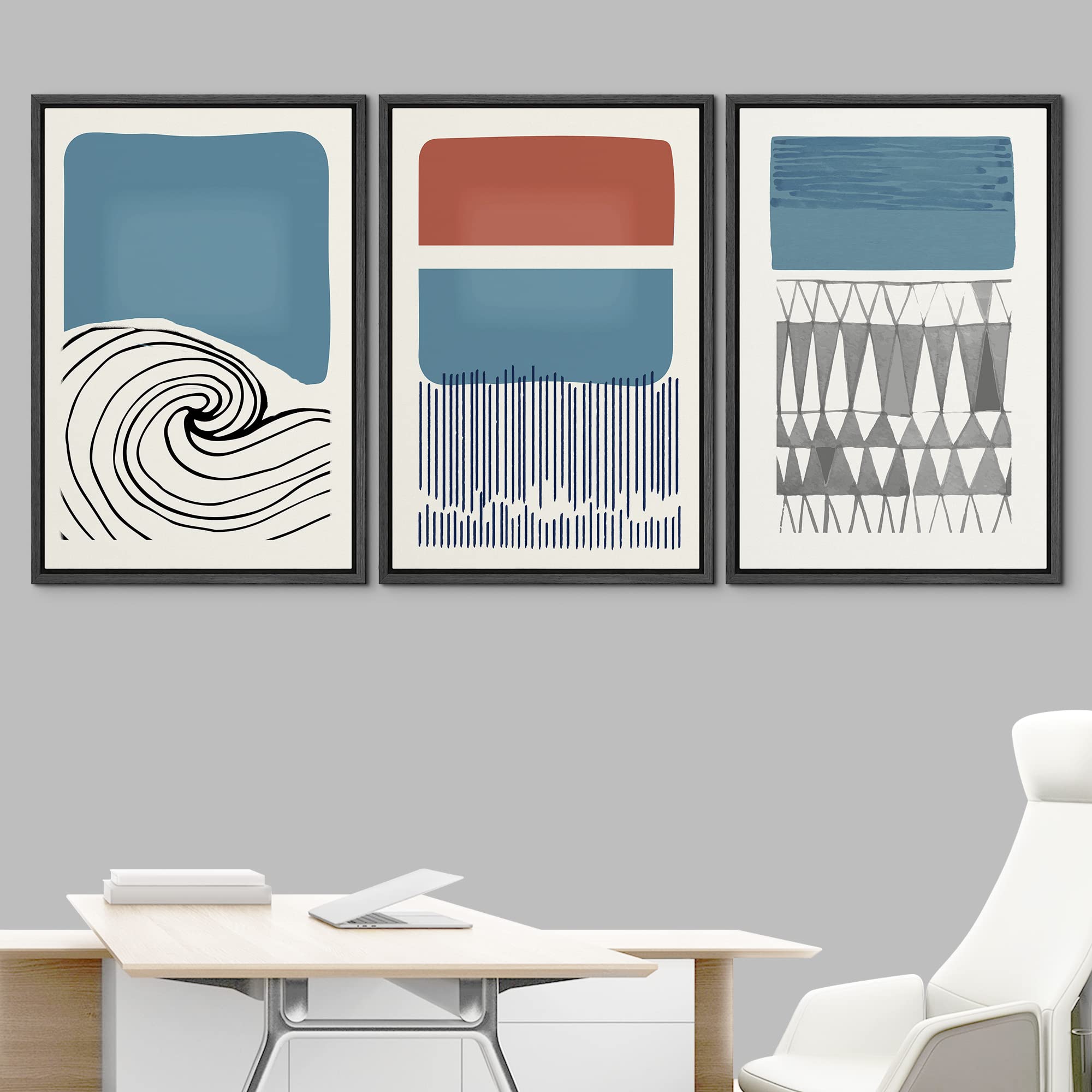 Idea4Wall Framed Canvas Print Wall Art Set Mid-Century Ocean Wave Geometric Color Blocks Abstract Shapes Illustrations Minimalis