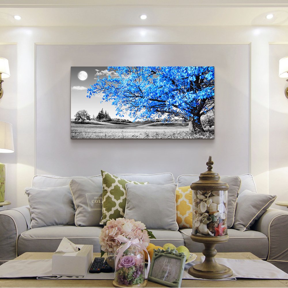 wall art for living room Simple Life Blue moon tree landscape Abstract painting office Wall Decor 20'' x 40'' single Pieces Canvas Prints Ready to Hang for Home Decoration Black and white Works of art