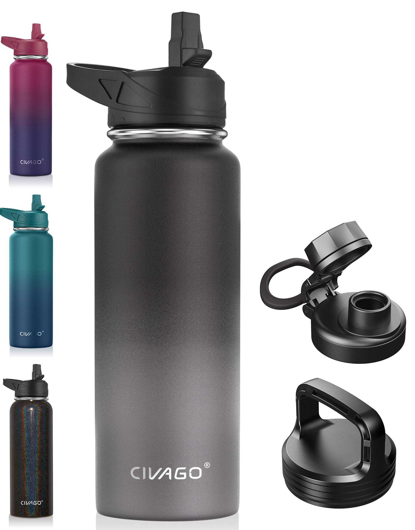 Civago 40 Oz Insulated Water Bottle With Straw, Stainless Steel Sports Water Flask Cup With 3 Lids (Straw, Portable Spout And Ha