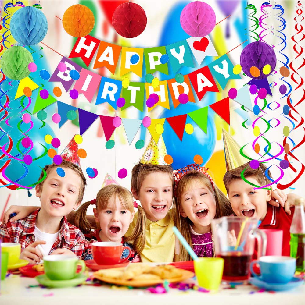 Fecedy Colorful Happy Birthday Banner Paper Triangle Flag Bunting Circle Confetti Dots Hanging Garland And Honeycomb Ball Swirl