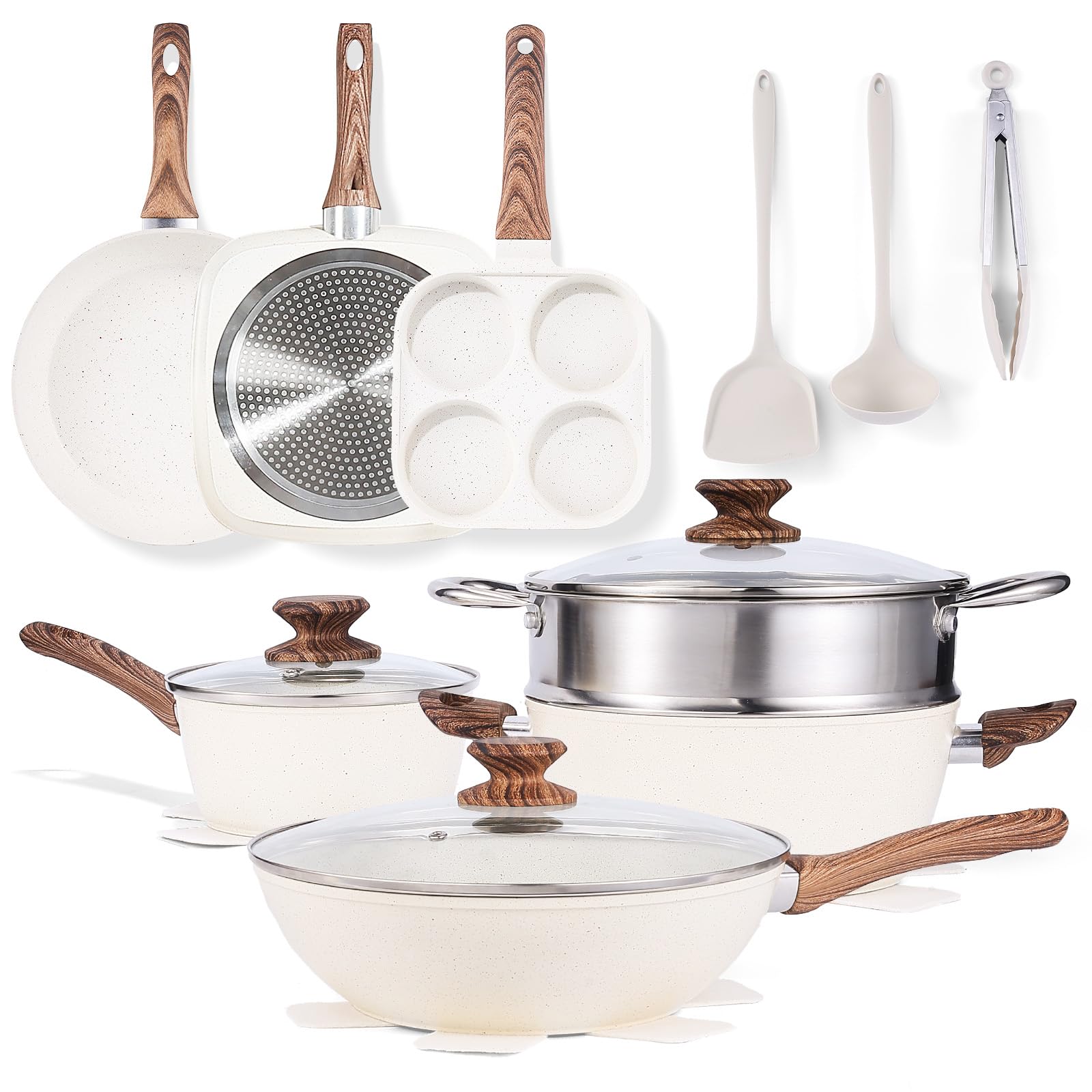 Sweetcrispy 17 Pcs Nonstick Pots and Pans, Non-toxic Kitchen Cooking Set, Induction Cookware Sets with Stay-Cool Handles, Beige