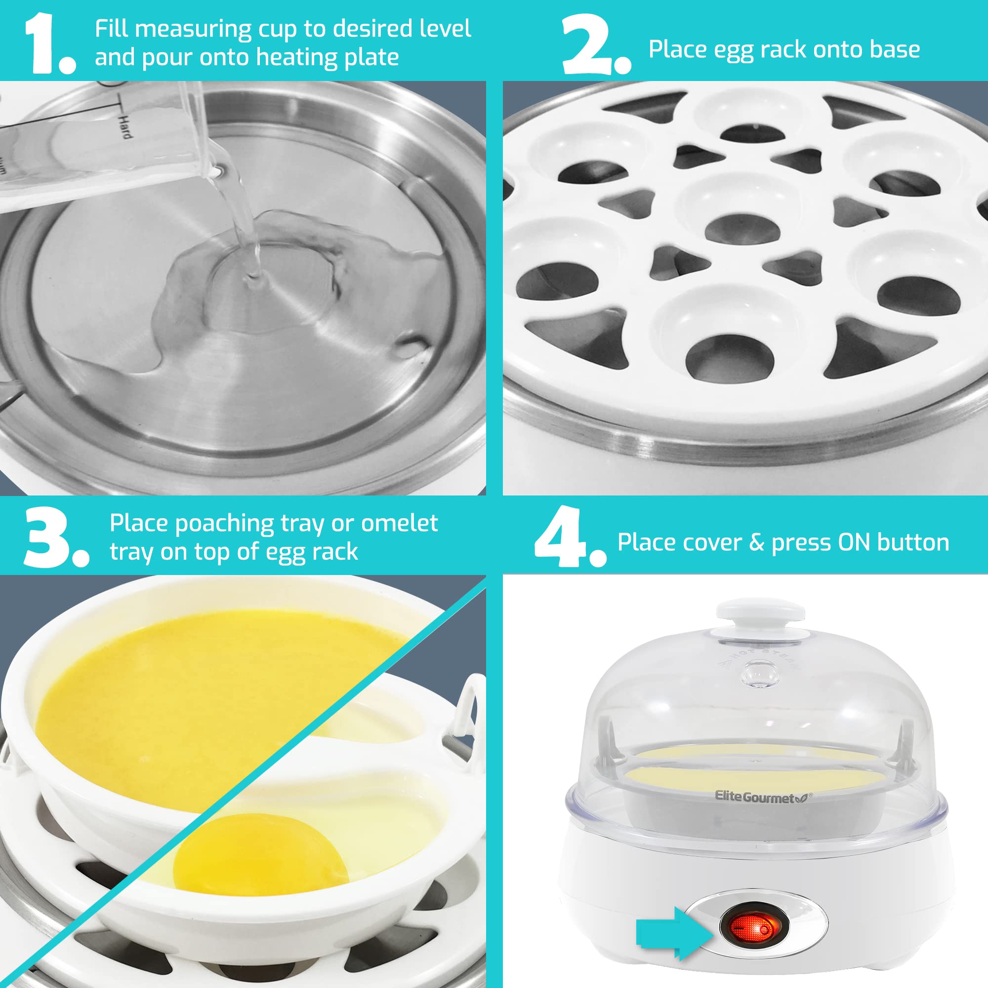 Elite Gourmet EGC700CW# Rapid Egg Cooker  7 Easy-To-Peel  Hard  Medium  Soft Boiled Eggs  Poacher  Omelet Maker  Auto Shut-Off  Alarm  16-Recipe Booklet  BPA-Free  Snow