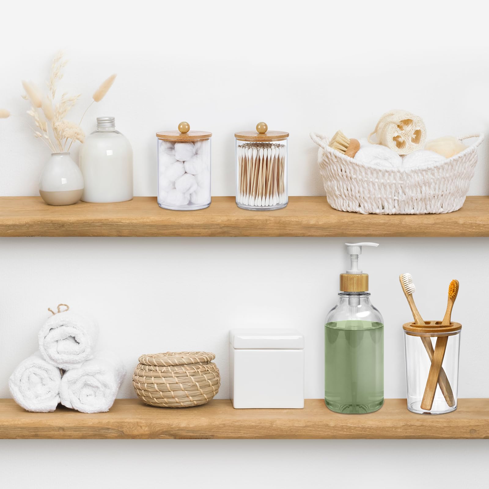 Sghuo 4Pcs Boho Bathroom Decor, Bamboo Bathroom Container Accessories Set, Soap Dispenser, Toothbrush Holder, 2 Qtip Holder Jars