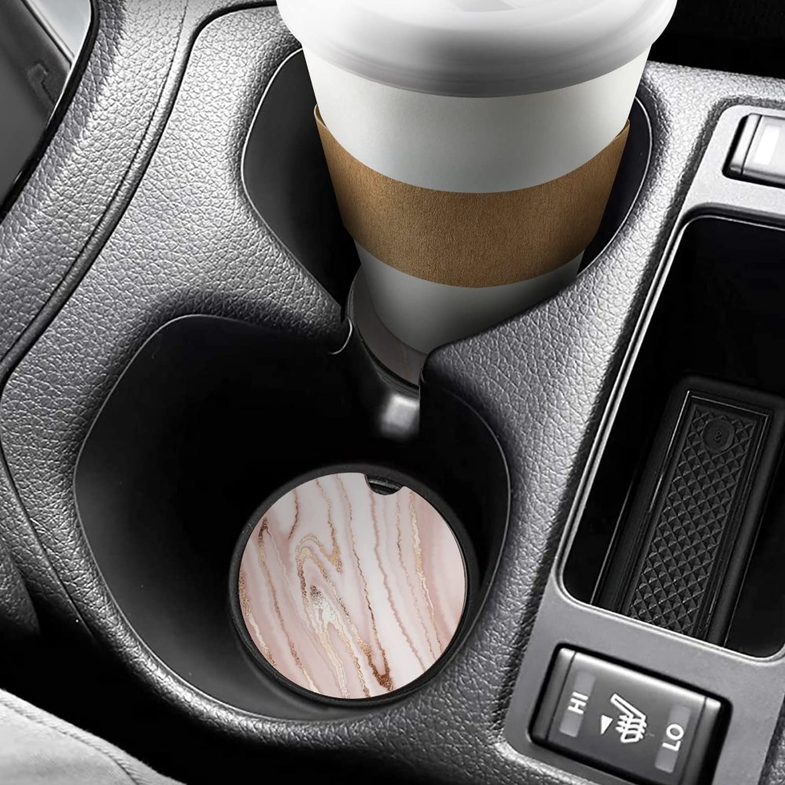 Absorbent Car Cupholder Coaster 2 Pack, Ceramic Stone Coaster With A Finger Notch For Women, Cork Base Drink Coasters 256 Inch,