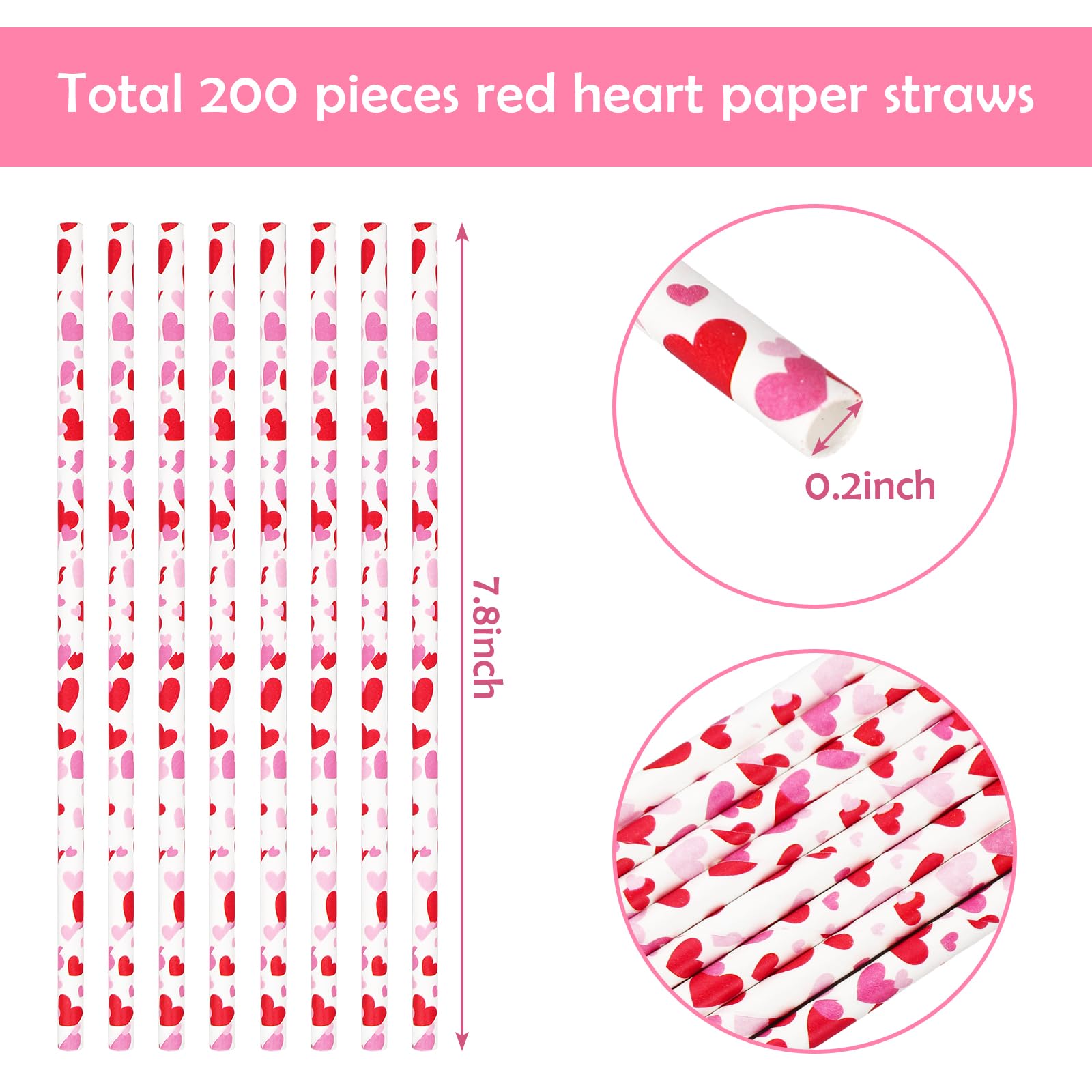 Jarthenaamcs 200Pcs Valentine'S Day Paper Straws Red Pink Love Heart Disposable Drinking Straws For Wedding Birthday Biral Showe