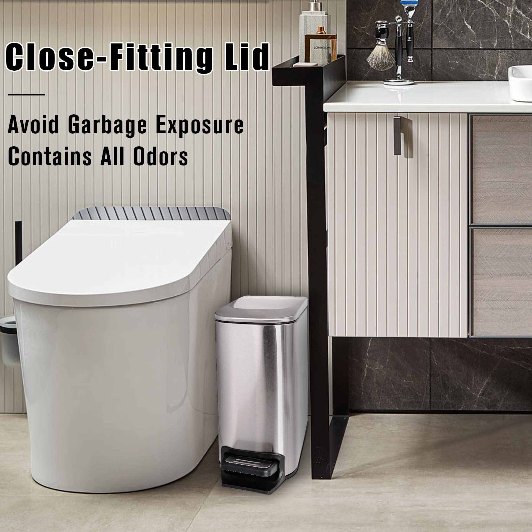 Cesun Small Bathroom Trash Can With Lid Soft Close, Step Pedal, 6 Liter / 1.6 Gallon Stainless Steel Garbage Can With Removable