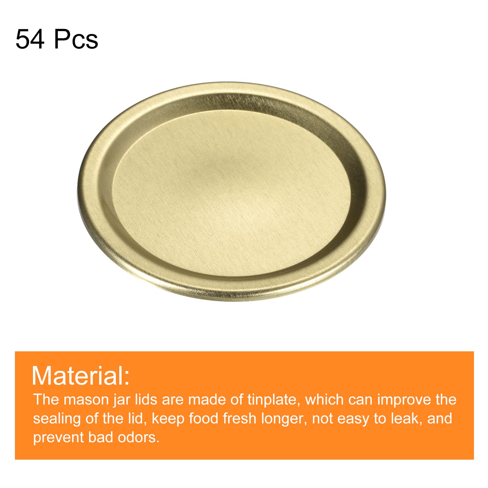 Uxcell Canning Lids, 54Pcs - Tinplate Split-Type Mason Jar Lid, Regular Mouth Leak Proof Fits Storage Cover (Gold)