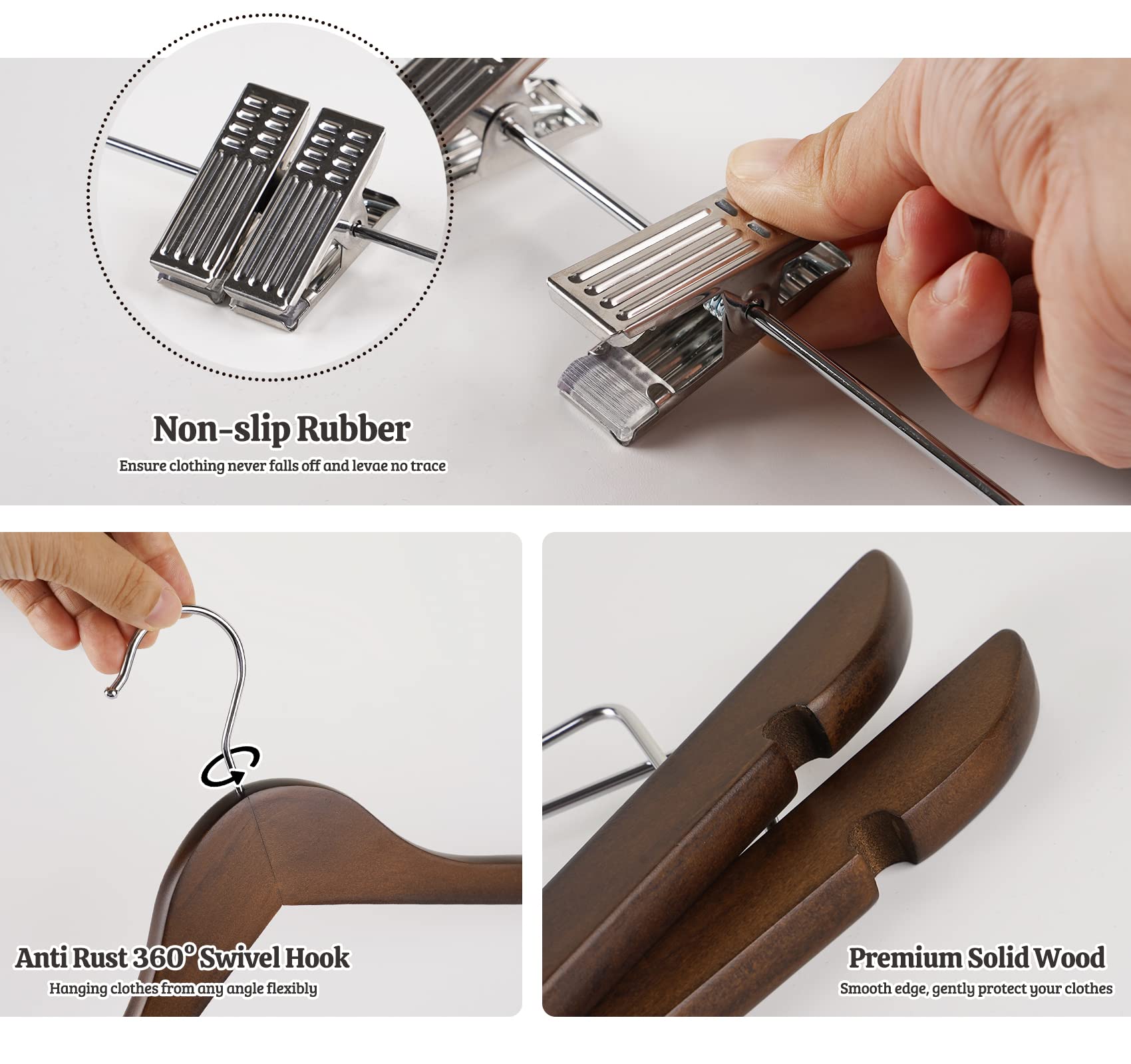 Wooden Clothes Hangers With Clips, 16Pack Wood Skirt Hangers With Clips, High-Grade Selected Walnut Wood Hangers With Sturdy Met