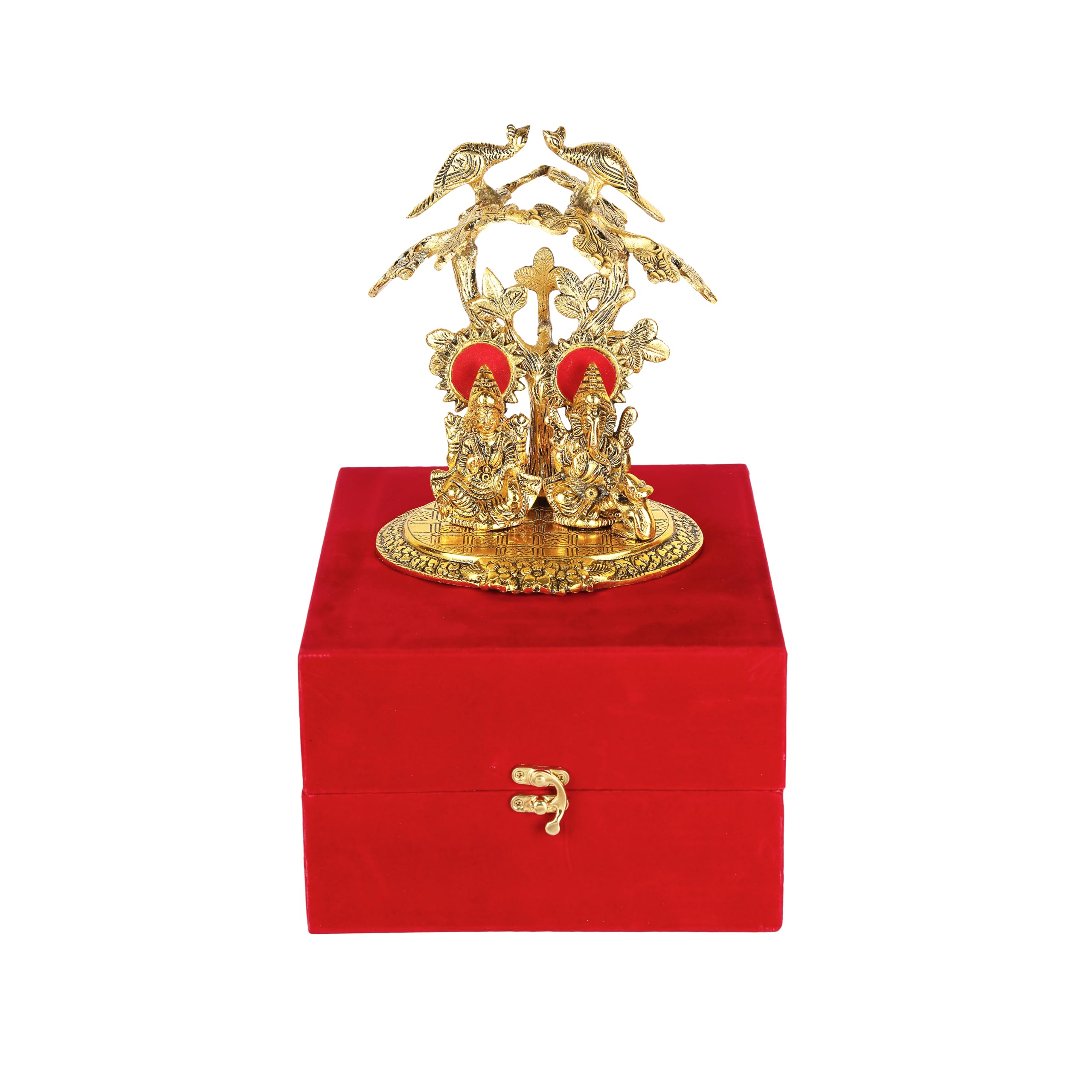 Rkonect Golden Metal Laxmi Ganesh Idol Murti Under Tree In Velvet Box || Home Decor Gift || 22 Cm Religious Idol & Figurine (Met