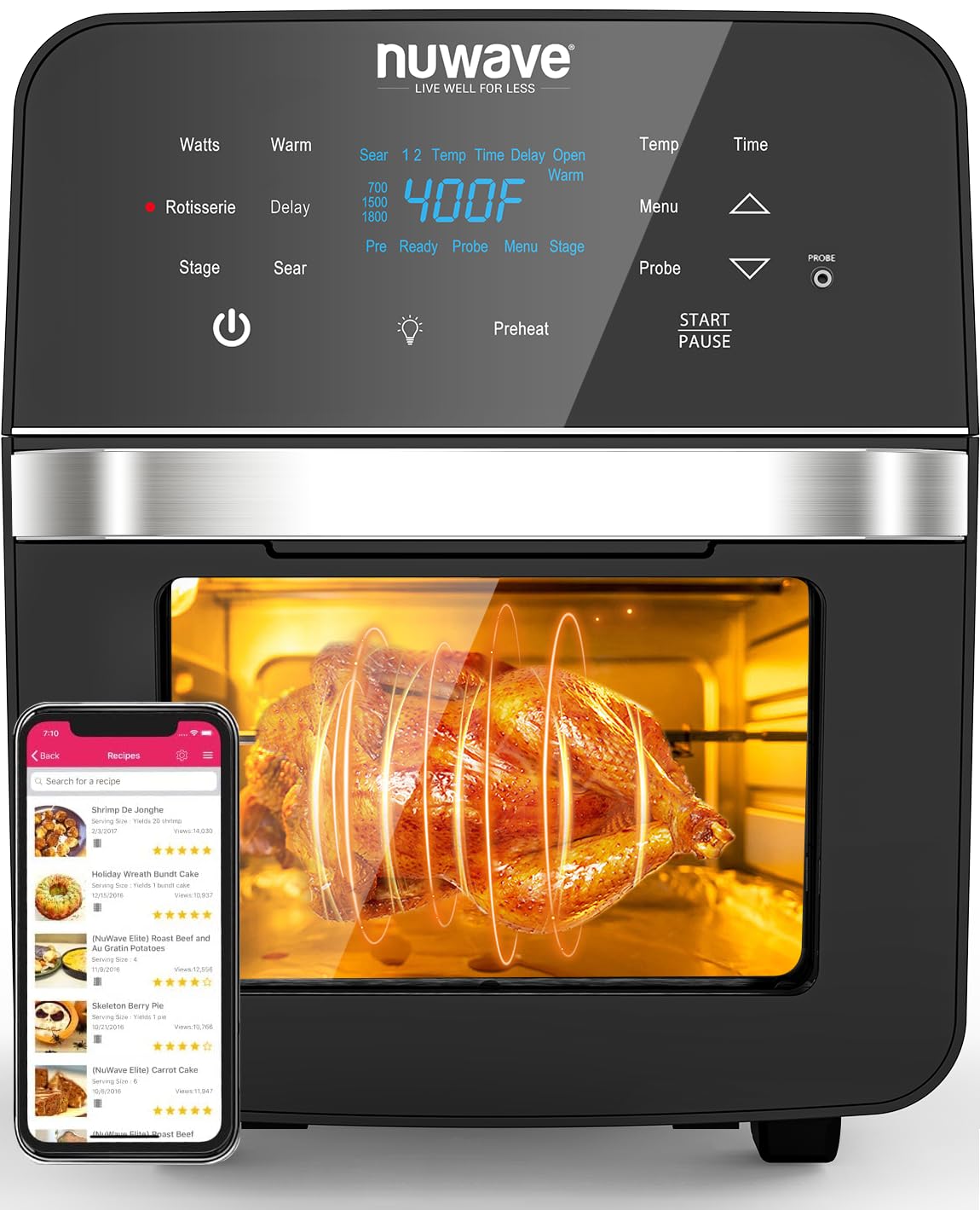 Nuwave Brio Air Fryer Oven, 15.5Qt X-Large Family Size, SS Rotisserie Basket &-Skewer Kit, Powerful 1800W, 50F-425F Temp Control
