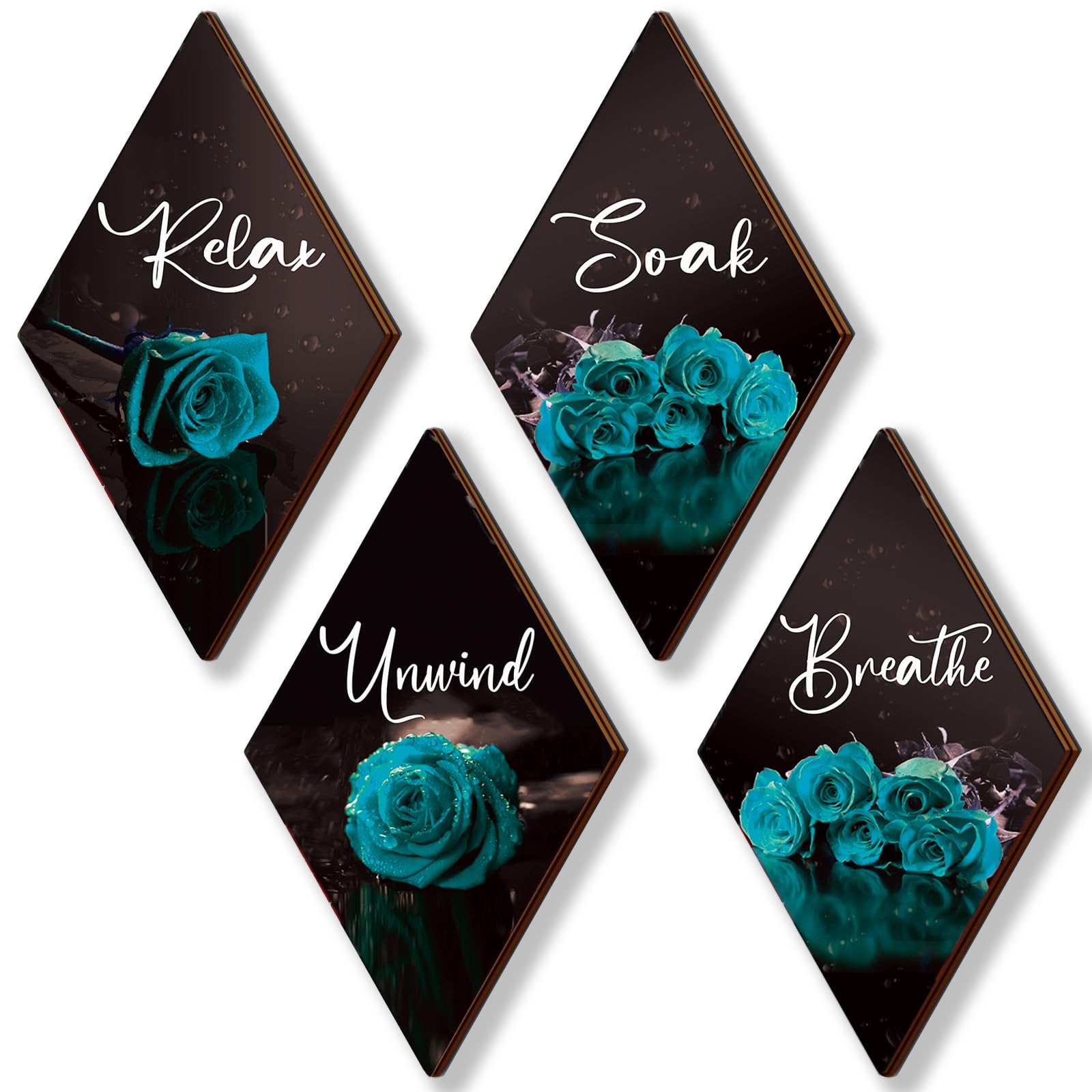 ONIZHITY Set of 4 Teal Bathroom Decor Rose Wooden Wall Decor Turquoise Bathroom Decor Romantic Farmhouse Teal Wall Decor Breathe
