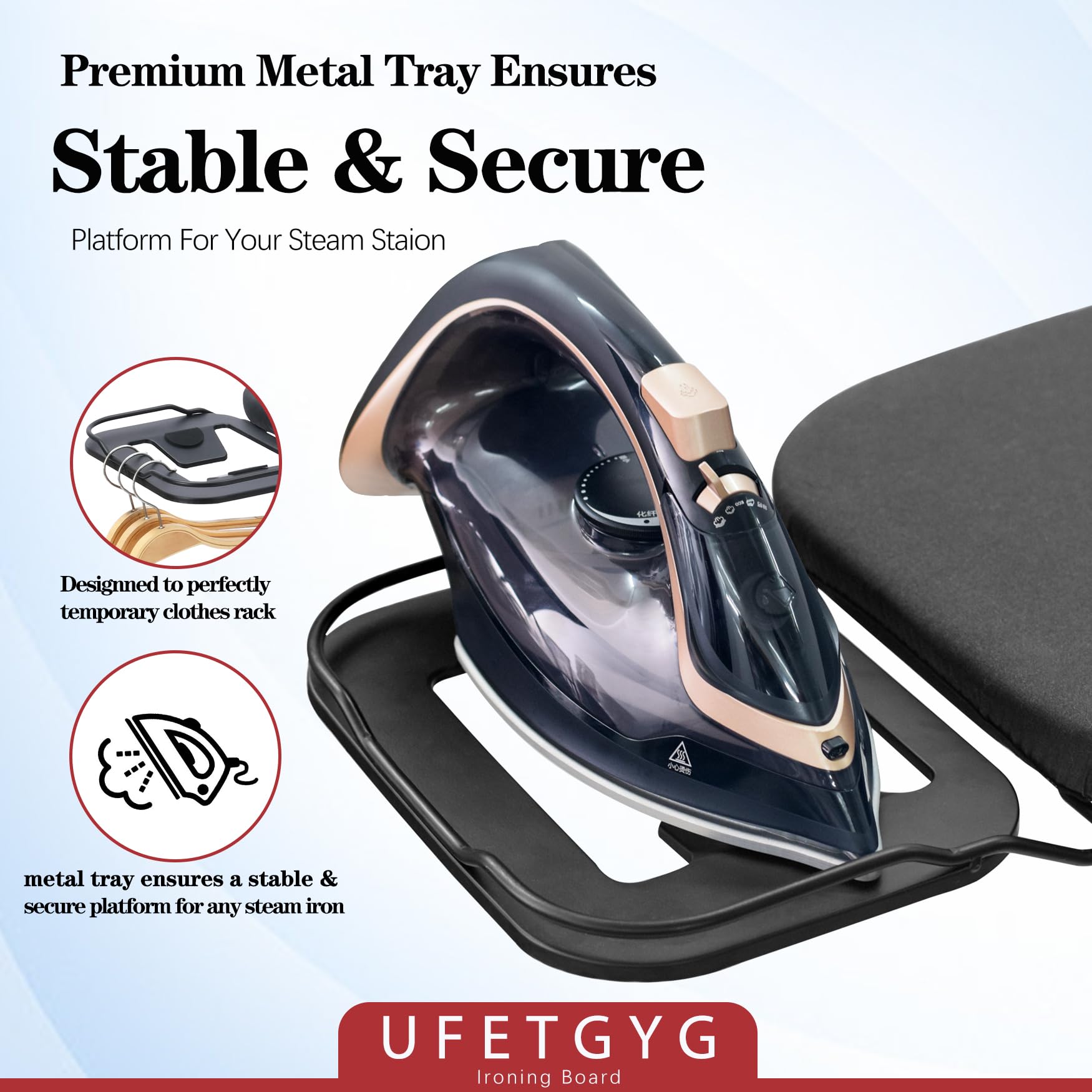 Ufetgyg Ironing Board, Metal Panel Iron Board |43'' X 13'' W/With Iron Rest | Full Metal Construction| Height Adjustable | Heat