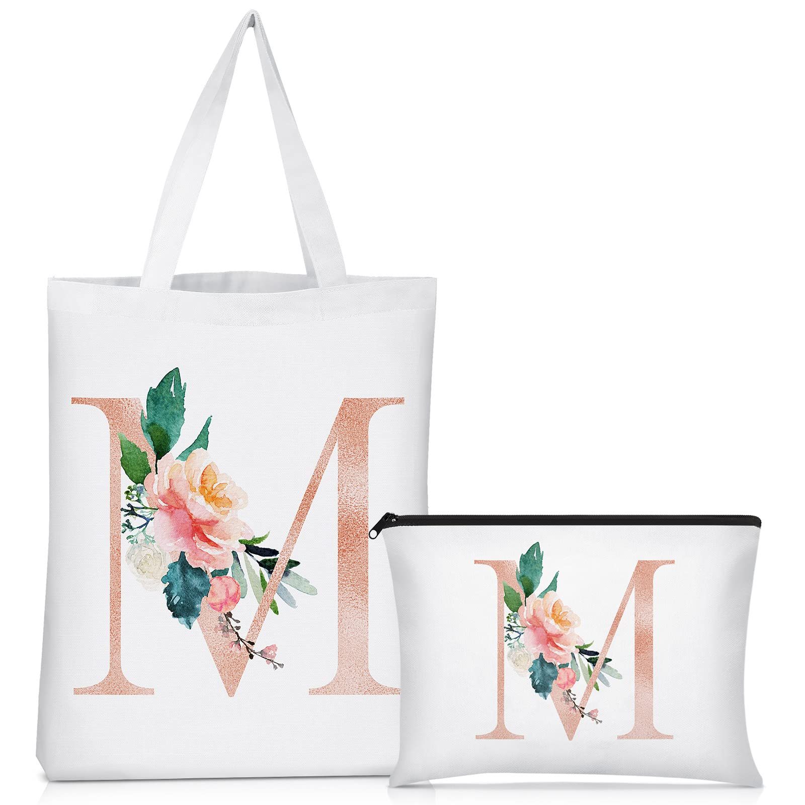 Sanwuta 2 Pcs Initial Canvas Tote Bags Wedding Gift Floral Letter Travel Cosmetic Bags Monogrammed for Woman Wedding(Letter M)