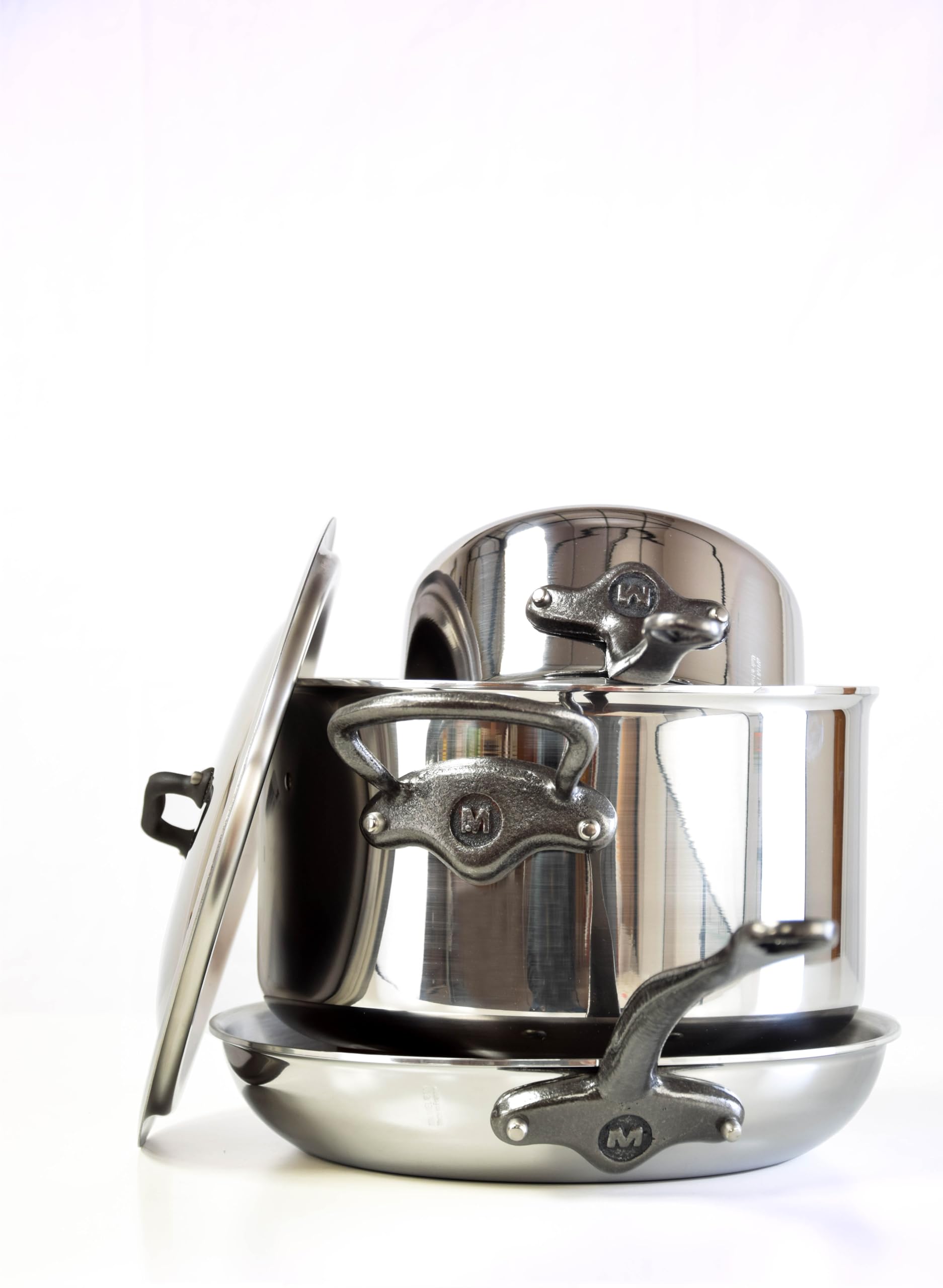 Mauviel M'Cook Ci 5-Ply Polished Stainless Steel Sauce Pan With Lid, And Cast Iron Handles, 2.6-Qt, Made In France
