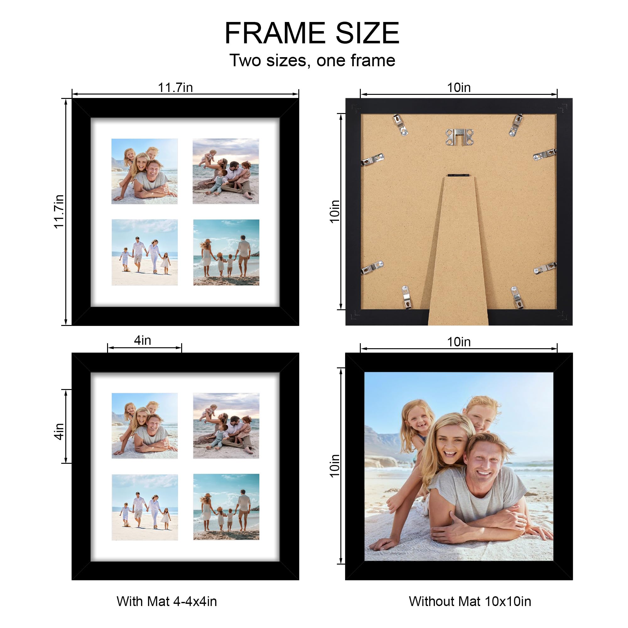 Hongkee 10x10 Picture Frame Set of 2, Real Glass and Black Collage Frame, Display Pictures Four Opening 4x4 With Mat or 10 x 10