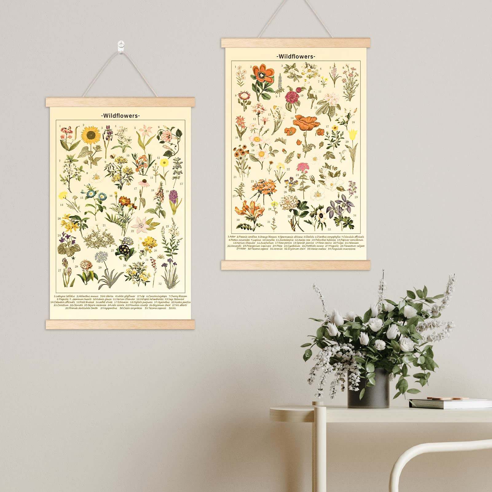 Chenkaiyang 2 Pcs Vintage Hanging Poster,Flowers Wall Hanging Botanical Rustic Retro Wall Art Prints Flower Chart Posterfor Livi
