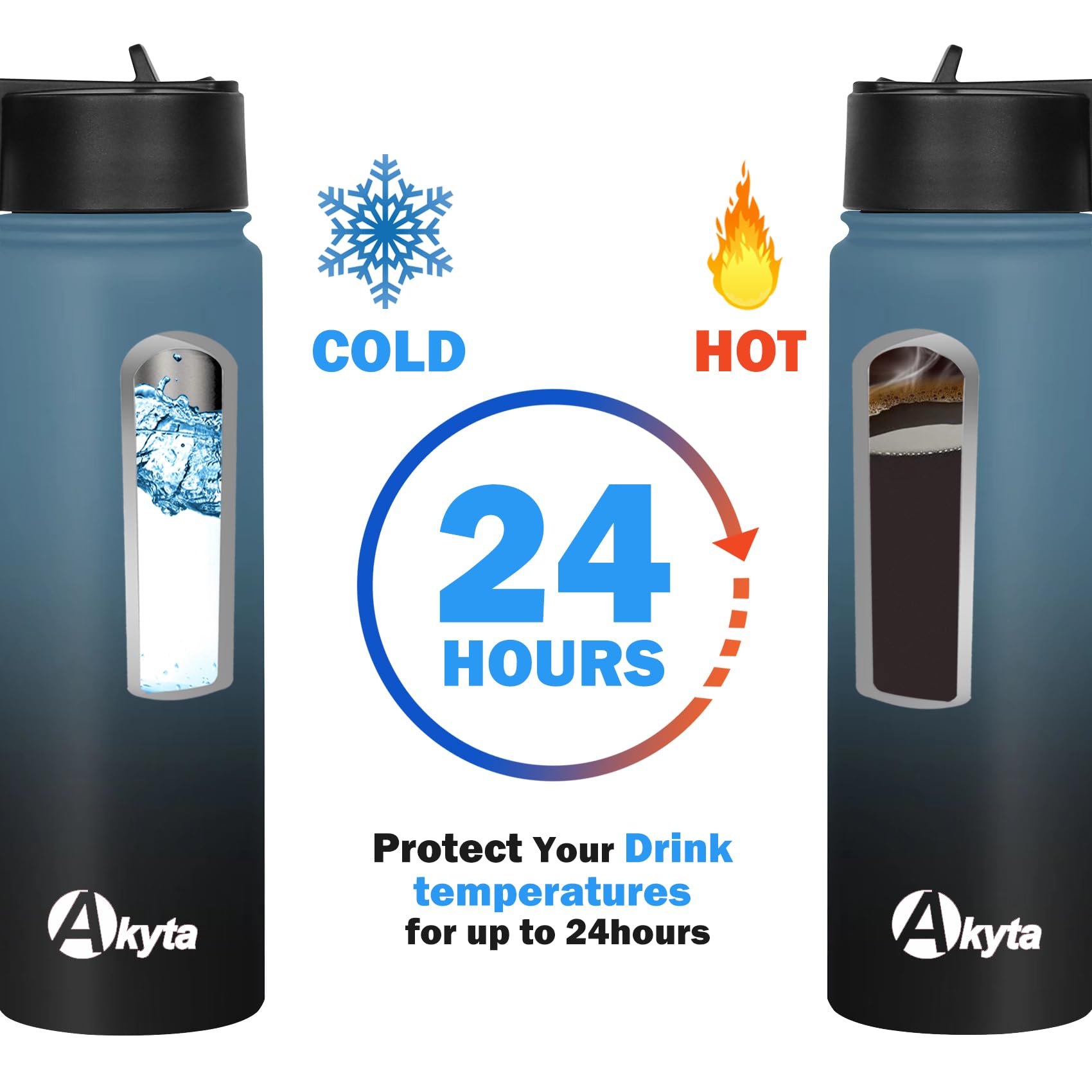 Akyta Sports Stainless Steel Water Bottle with Straw  Spout lid-24OZ -Wide Mouth Vacuum Insulated Thermos Water Bottles  Keep Water Cold/Hot  Metal Water Bottle for Biking Hiking (24 oz  Indigo black)
