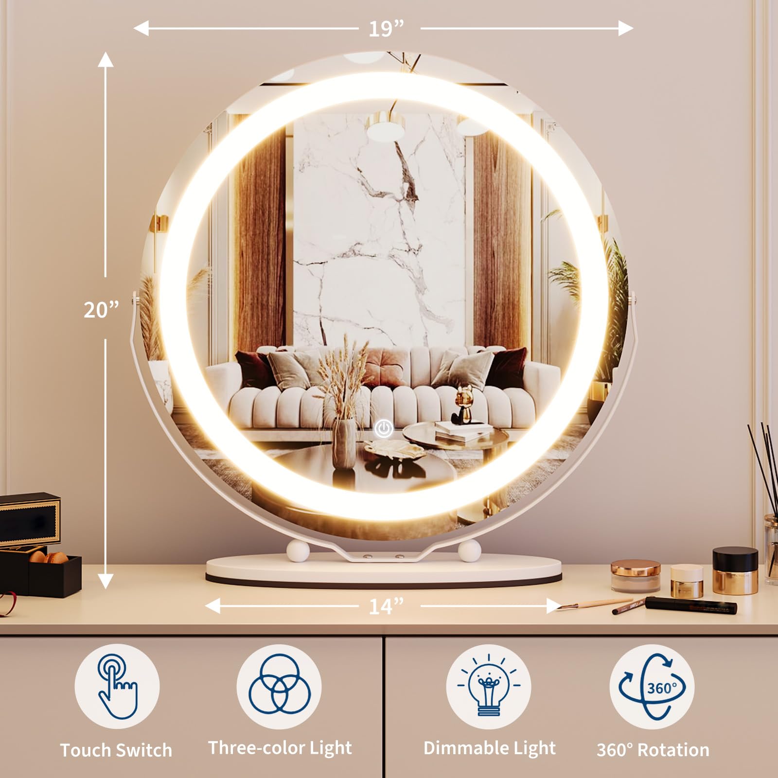 Idealhouse 19 Round Vanity Mirror With Lights, Large Vanity Mirror With 3 Color Lighting Dimmable, Smart Touch Control, 360Rotat
