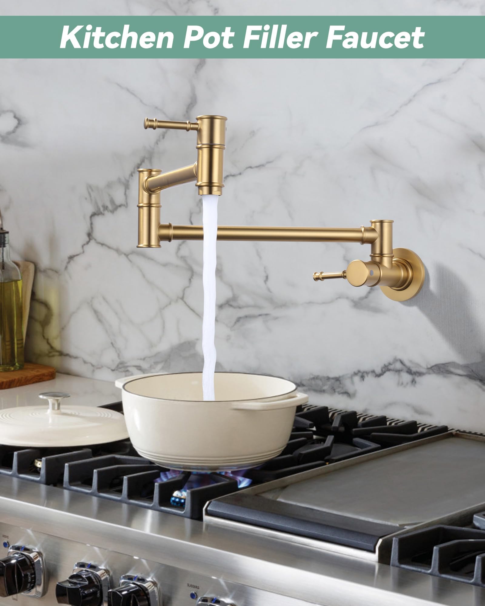 Aleasha Pot Filler Faucet Brushed Gold, Folding Kitchen Pot Filler Faucet Single Hole 2 Handle Wall Mount Kitchen Pot Filler Ove