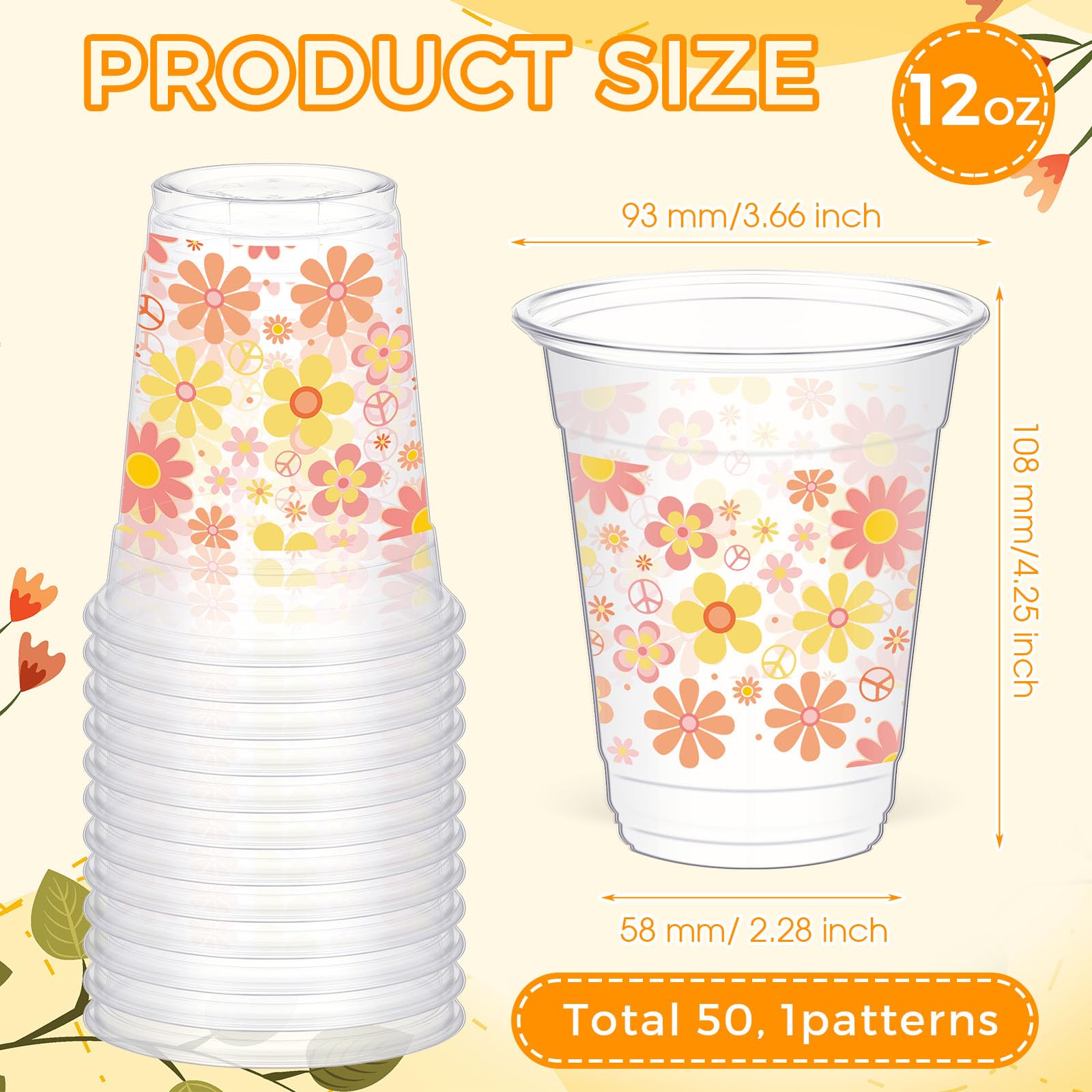 Yaomiao 50 Pieces Groovy Plastic Cups 12 Oz Bulk Retro Hippie Clear Disposable Cups Daisy Flower Drinking Beverage Cups For Birt