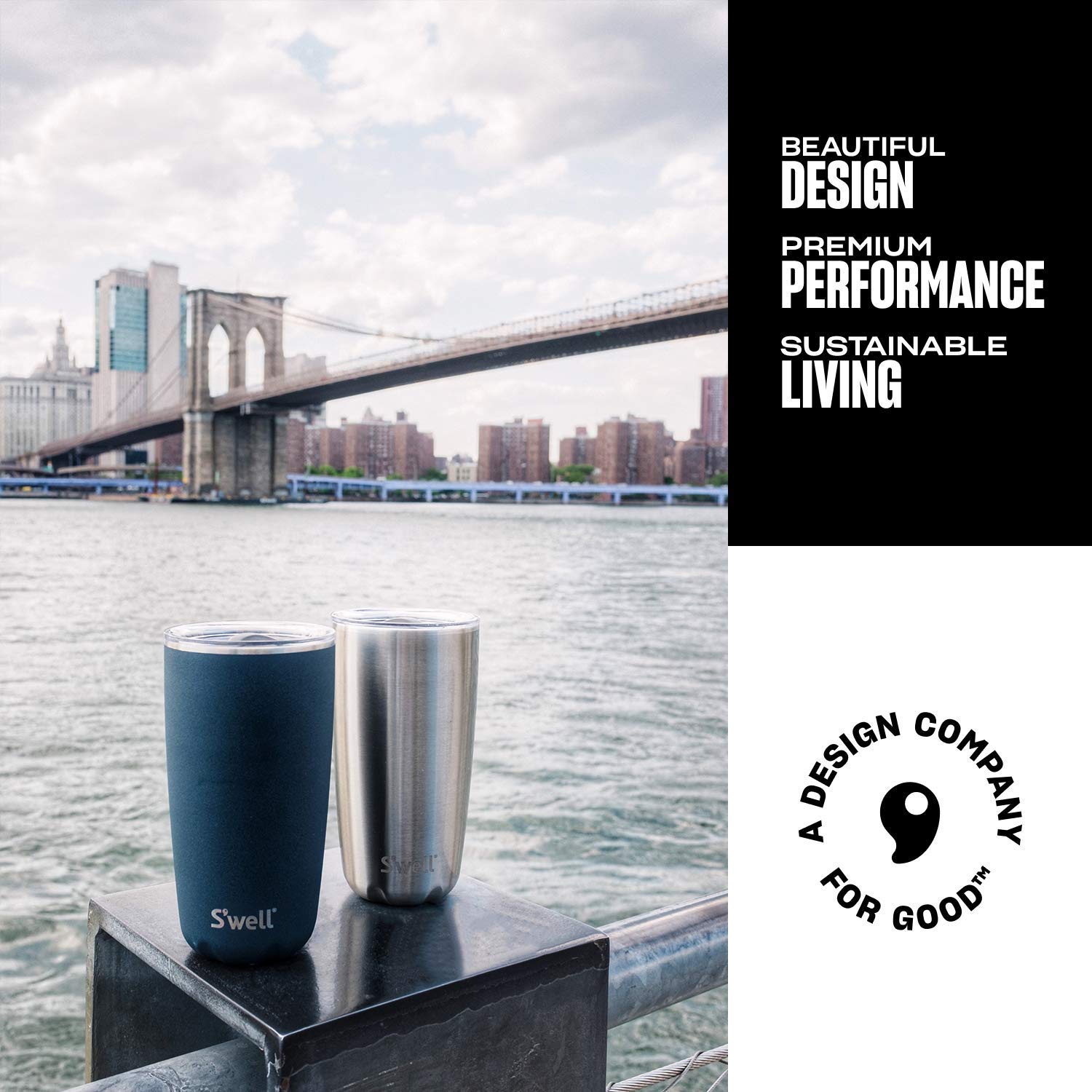 S'Well Stainless Steel Tumbler With Slide-Open Lid, 18Oz, Onyx, Triple Layered Vacuum Insulated Containers Keeps Drinks Cold For