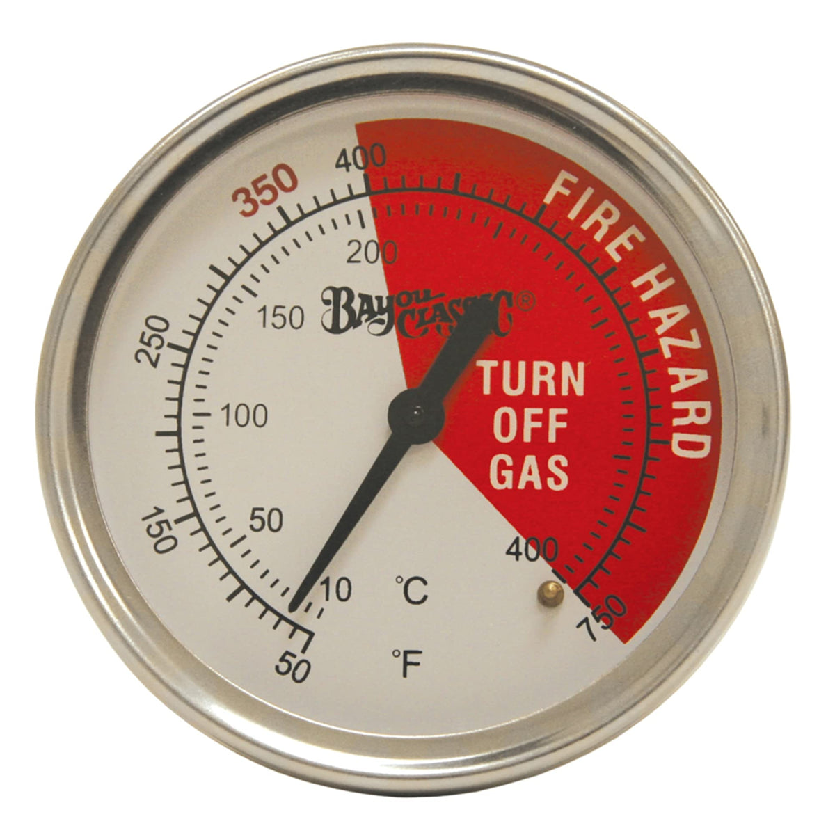 Bayou Classic 5070 Bayou Fryer Thermometer Stainless Steel Design Tempered Glass Dial Face W/ 50- 400F Range Fits Bayou 2.5-Gal