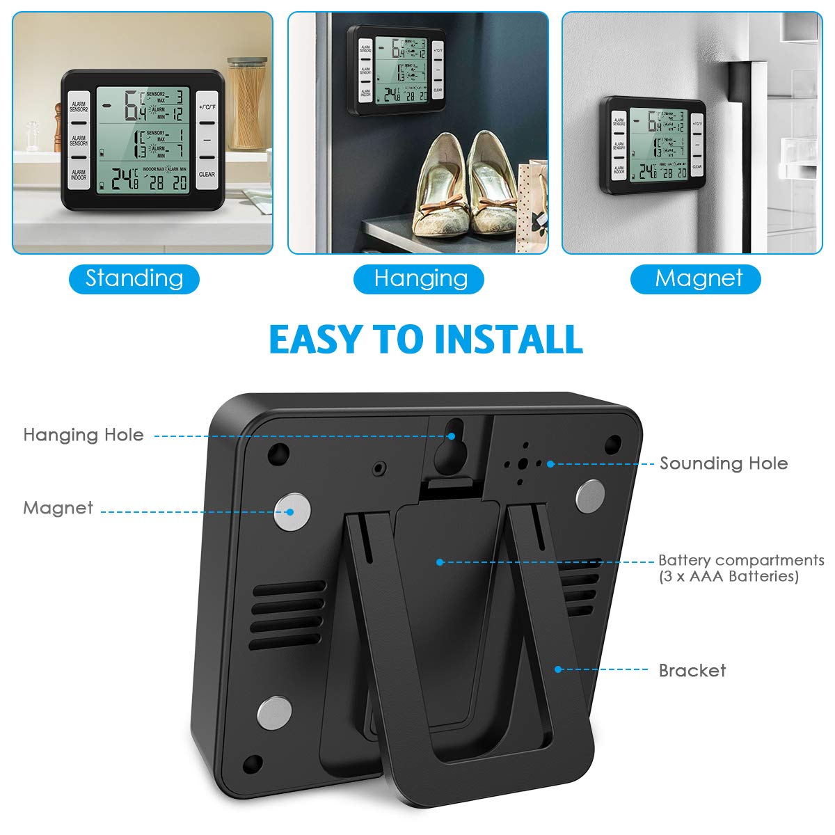 (New Version) Amir Refrigerator Thermometer, Wireless Indoor Outdoor Thermometer, Sensor Temperature Monitor With Audible Alarm