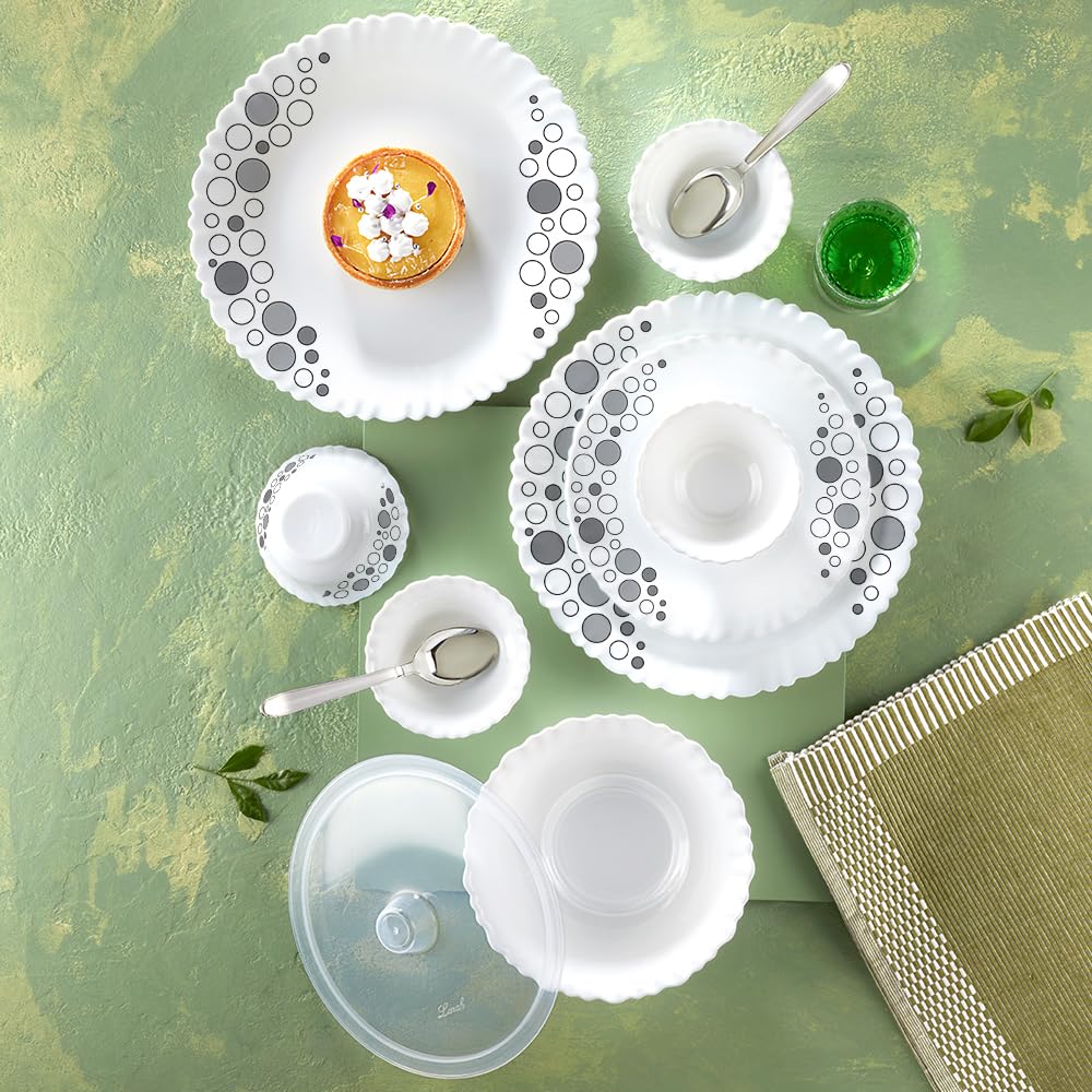 Larah By Borosil Silk Series Luna Opalware Dinner Set With Steel Spoon | 55 Pcs For Family Of 8 | Microwave & Dishwasher Safe | 