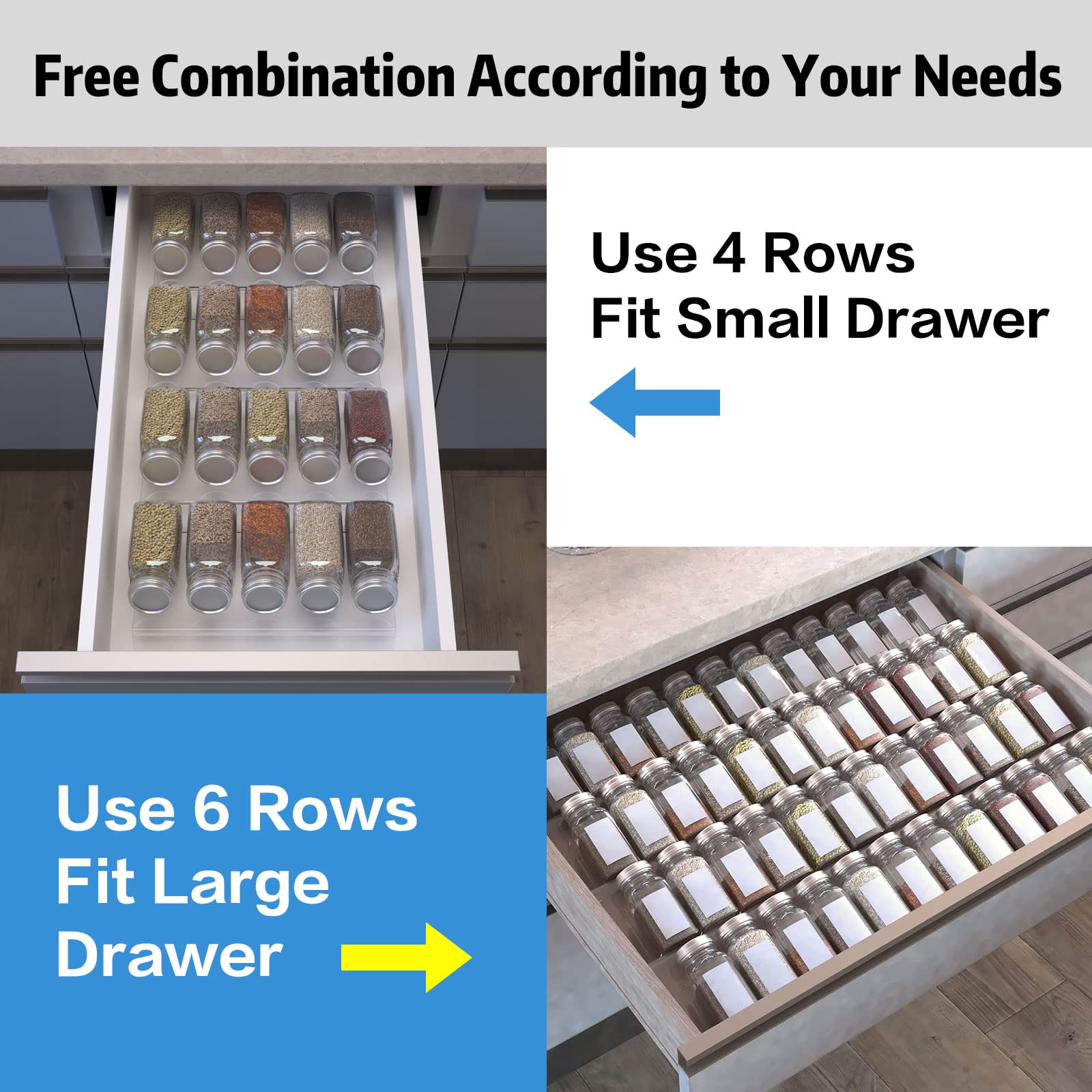 Spice Drawer Organizer, 6 Pcs Clear Acrylic In Drawer Seasoning Jars Rack, Expandable From 8'' to 16'' Kitchen Cabinets/Countert