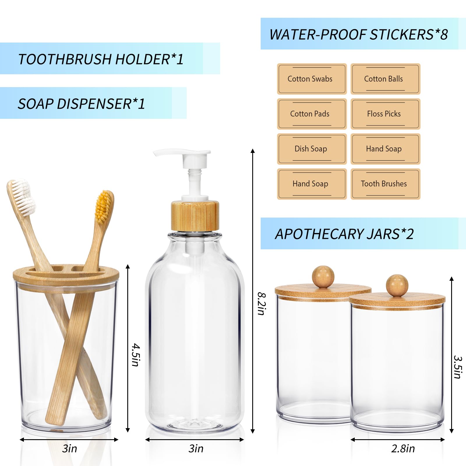 Sghuo 4Pcs Boho Bathroom Decor, Bamboo Bathroom Container Accessories Set, Soap Dispenser, Toothbrush Holder, 2 Qtip Holder Jars