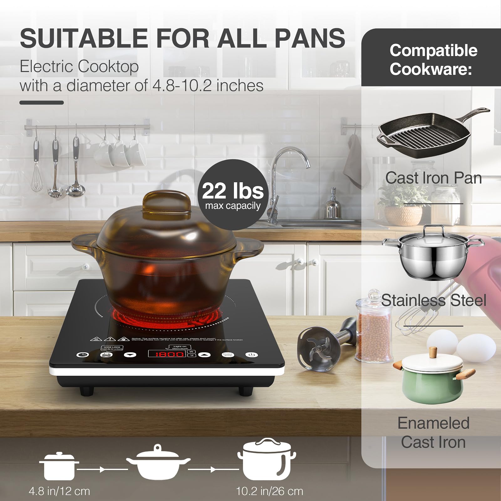 ANHANE Electric Cooktop, 12 Inch Single Burner Portable Ceramic Stove, 110V with Power Levels & Overheat Protection
