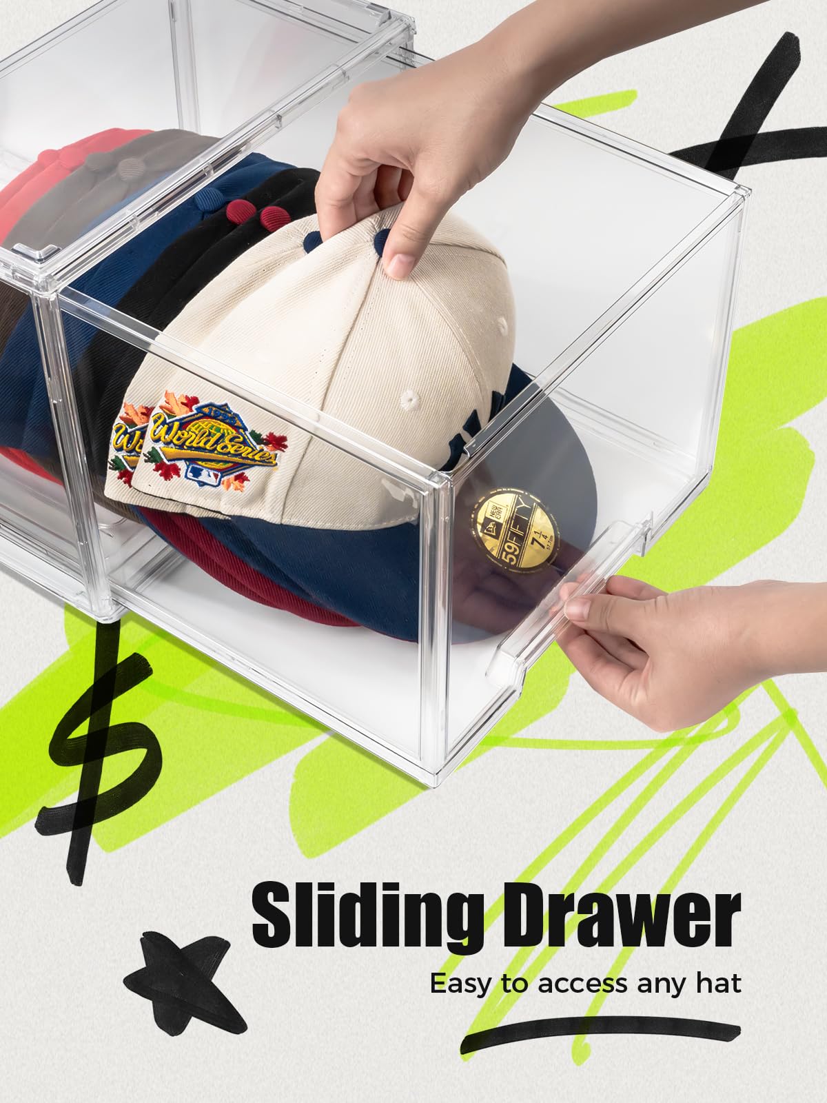 Scavata Hat Organizers, Stackable Clear Baseball Caps Holder Box Containers With Drawers For Hats Snapback Cap Storage, Hat Rack